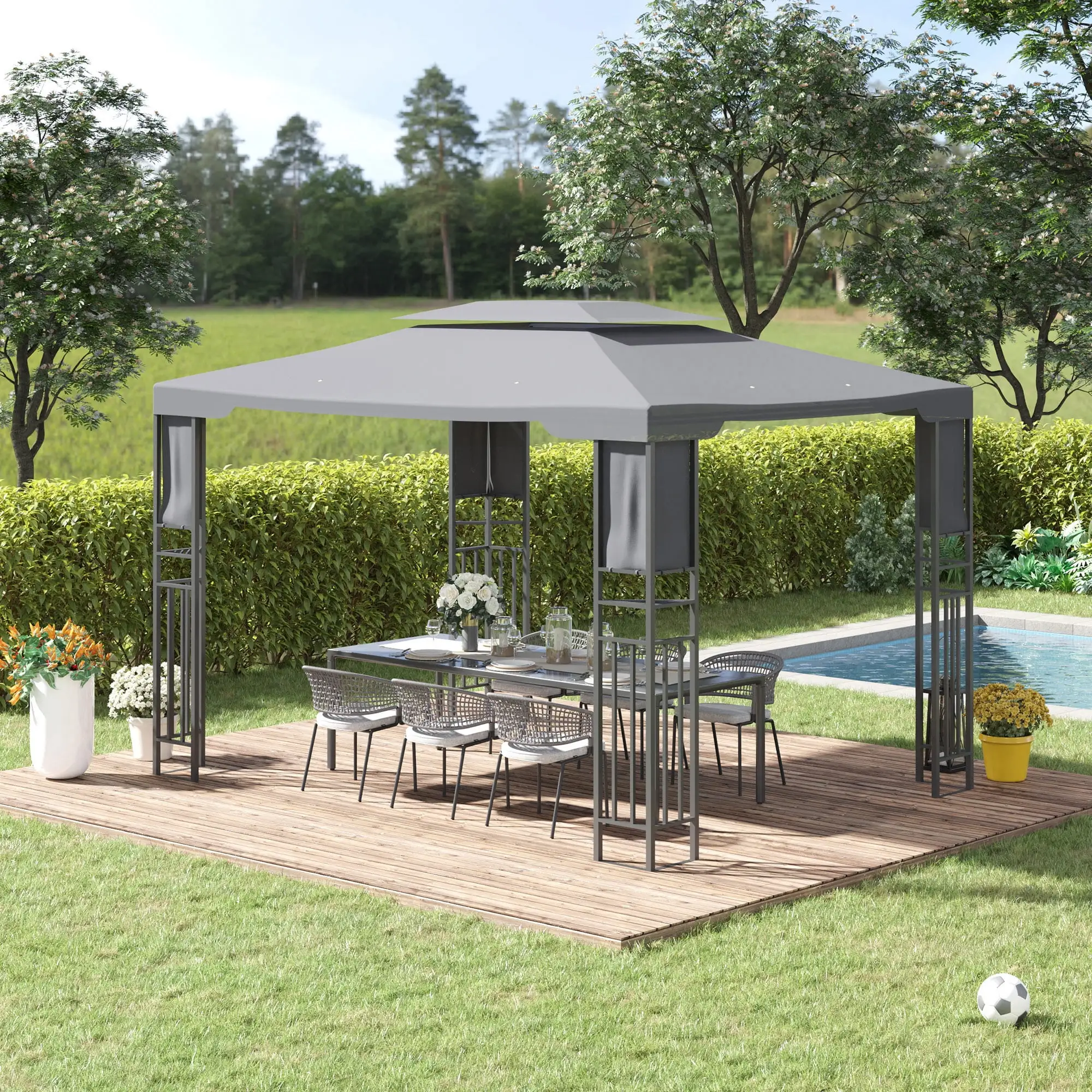 Outsunny 10' x 13' Outdoor Patio Gazebo with Double Vented Roof. Storage Shelves. Steel Frame for Lawn. Backyard and Deck. Gray