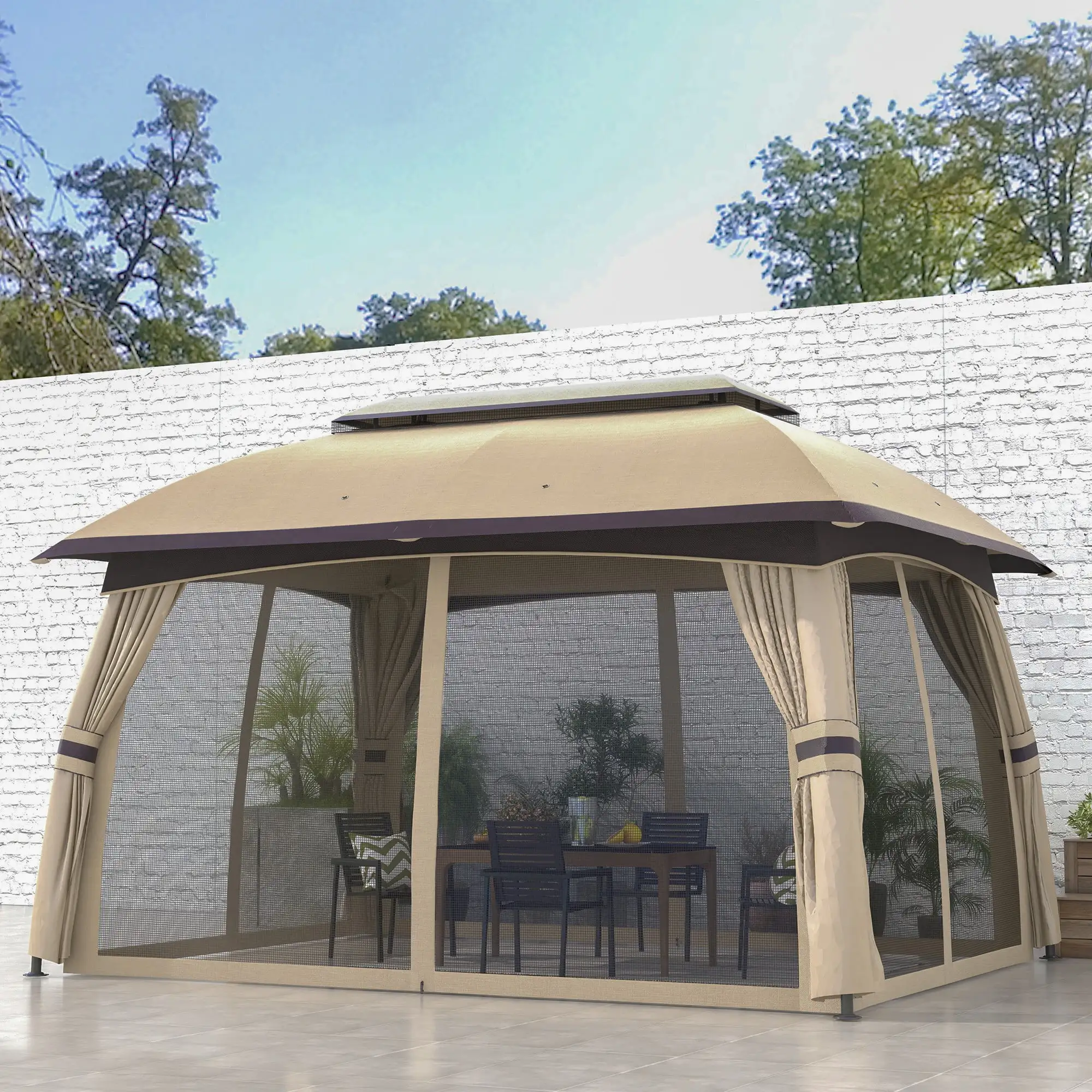 Outsunny 10' x 13' Patio Gazebo with Netting. Beige