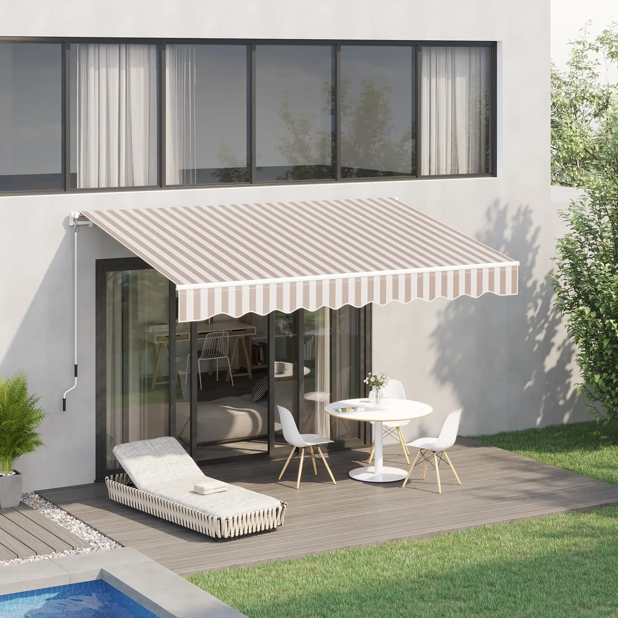 Outsunny 10' x 8' Retractable Awning. Patio Awnings. Sunshade Shelter w/ Manual Crank Handle. UV & Water-Resistant Fabric and Aluminum Frame for Deck. Balcony. Yard. Beige Stripes