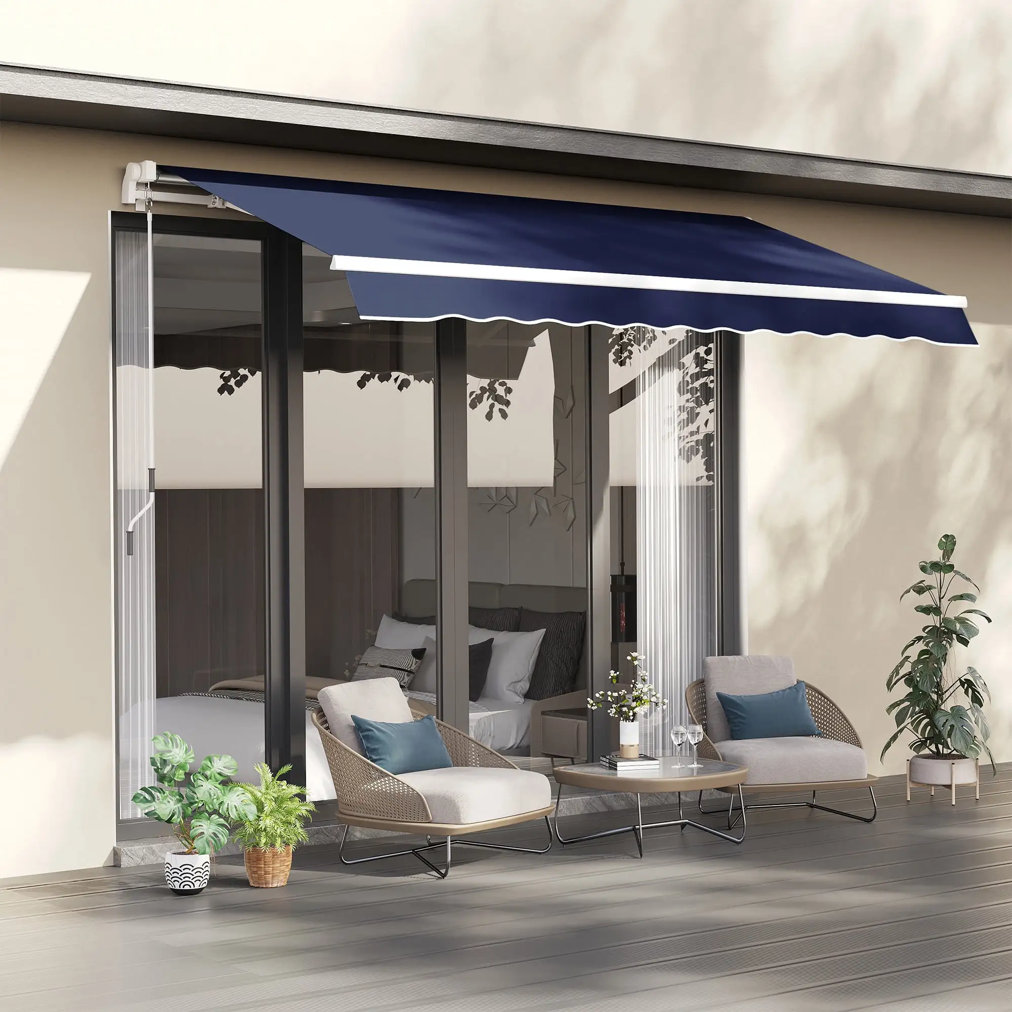 Outsunny 10' x 8' Retractable Awning. Patio Awnings. Sunshade Shelter w/ Manual Crank Handle. UV & Water-Resistant Fabric and Aluminum Frame for Deck. Balcony. Yard. Blue