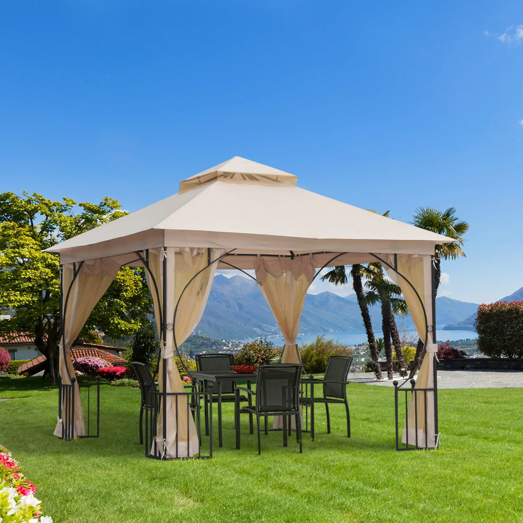 Outsunny 10' x 10' Patio Gazebo. Double Roof Outdoor Gazebo Canopy Shelter with Netting. Steel Corner Frame for Garden. Lawn. Backyard and Deck. Beige