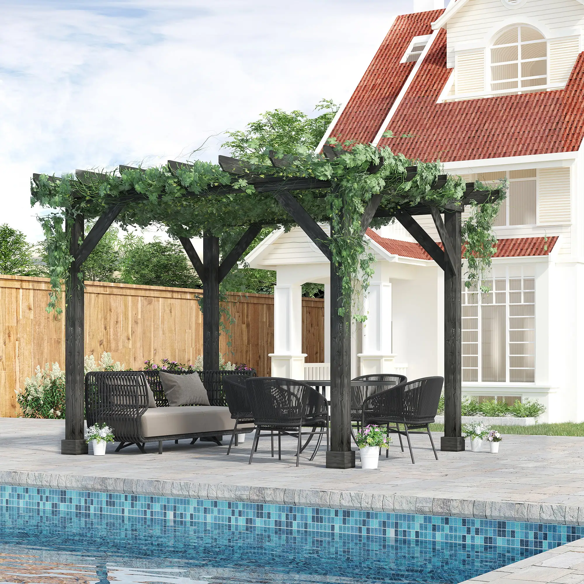 Outsunny 12' x 10' Patio Pergola. Weather-Resistant Cedar Wood. Backyard Cover for Porch Party. Grape Garden. Vineyard. Ivy Vine. or Climbing Plants. Black