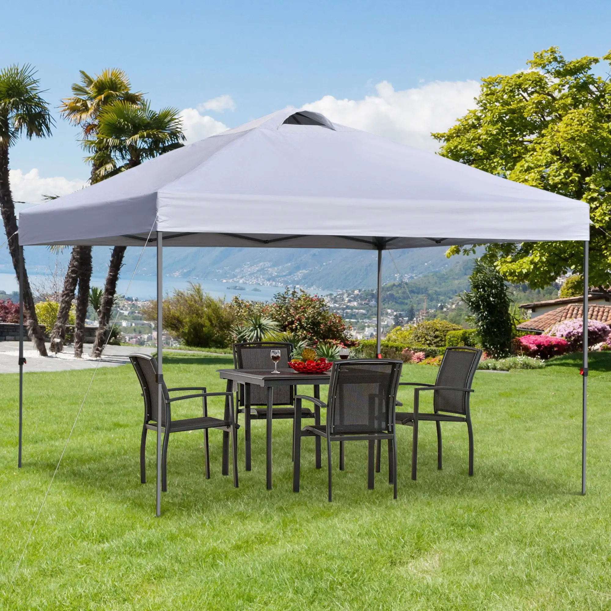 Outsunny 10' x 10' Pop Up Canopy Tent. Instant Sun Shelter with 3-Level Adjustable Height. Top Vents and Wheeled Carry Bag for Outdoor. Garden. Patio. White