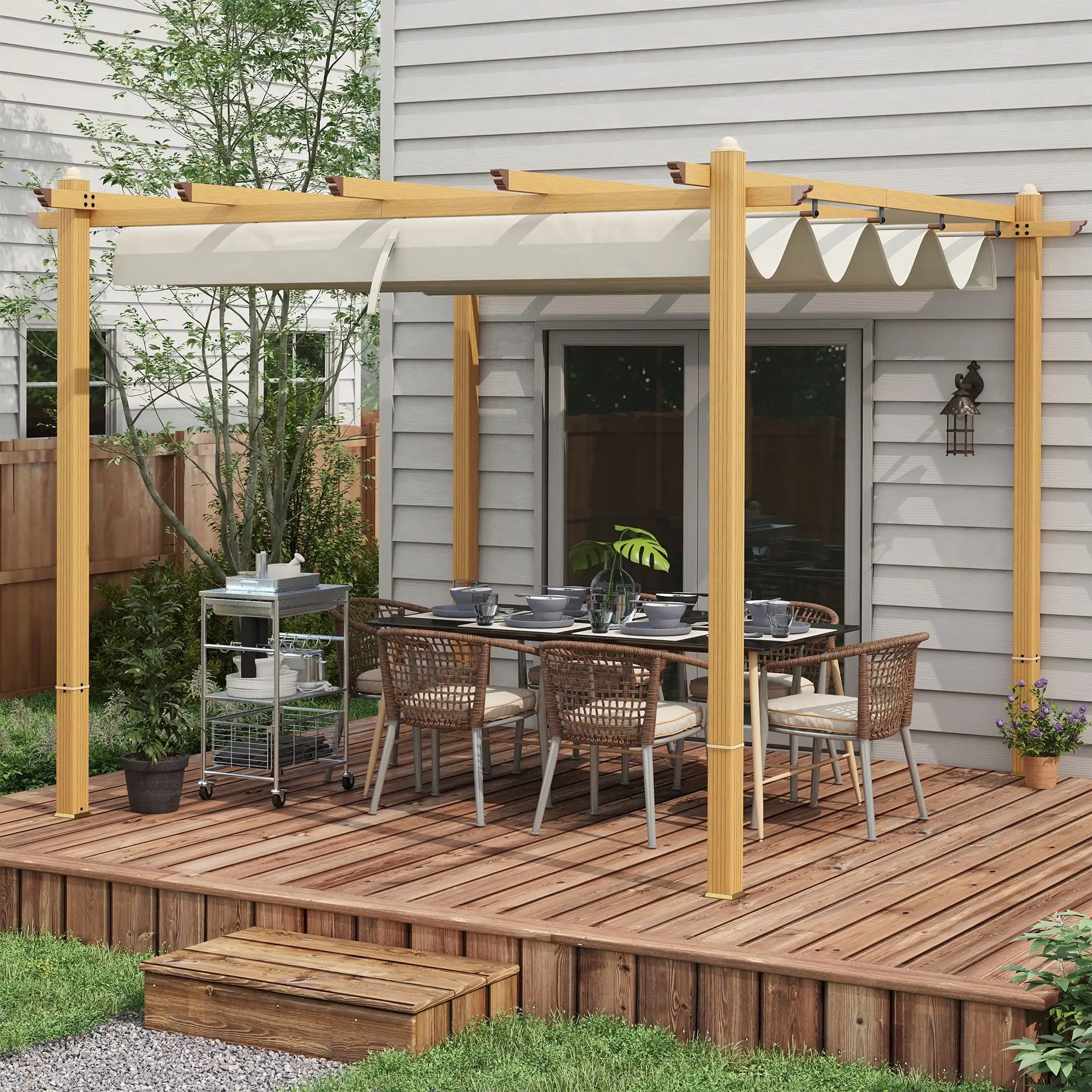 Outsunny 10'x10' Retractable Pergola with Wood Grain Aluminum Frame. Cream