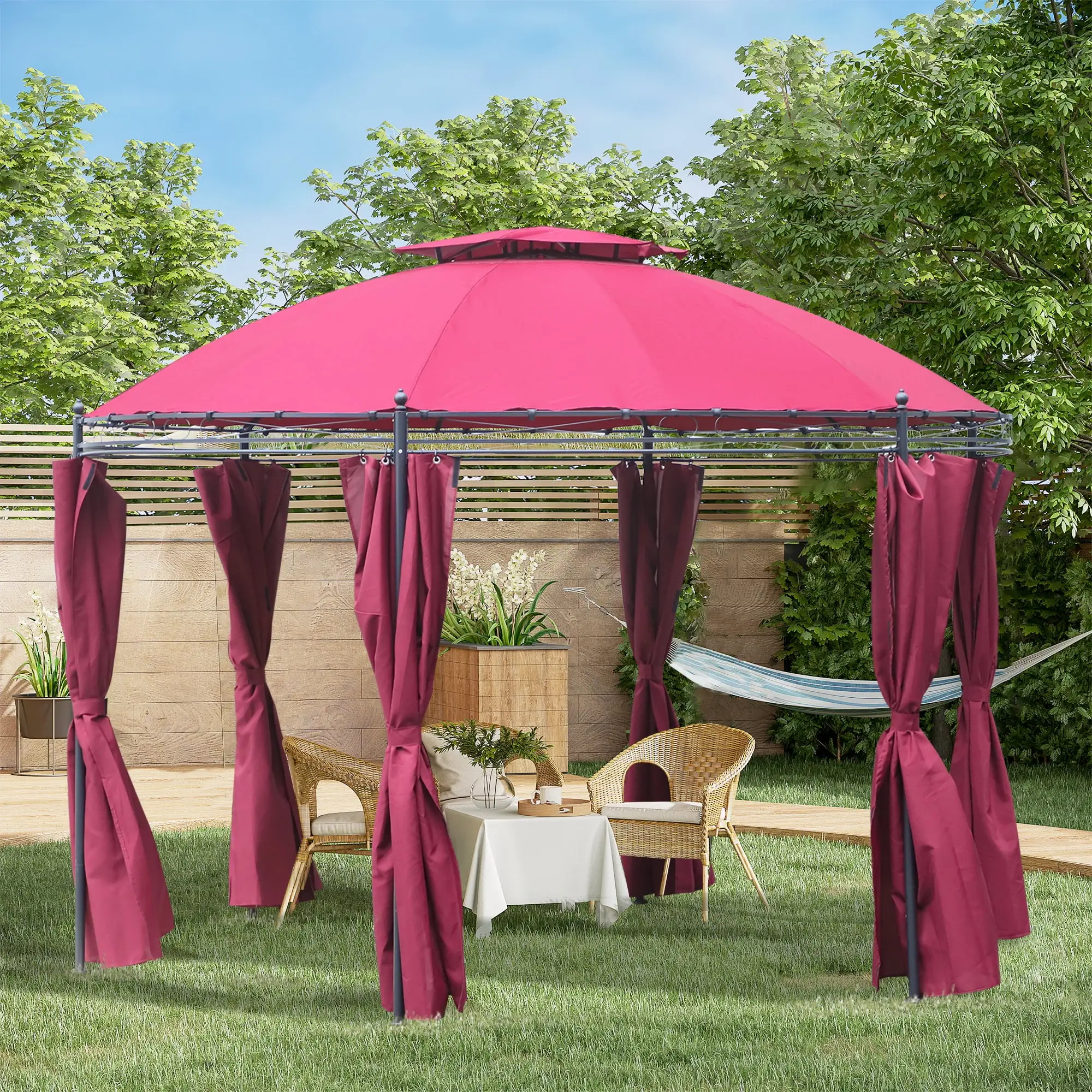 Outsunny 11.5' Patio Gazebo. Outdoor Gazebo Canopy Shelter with Curtains. Romantic Round Double Roof. Solid Steel Frame for Garden. Lawn. Backyard and Deck. Wine Red