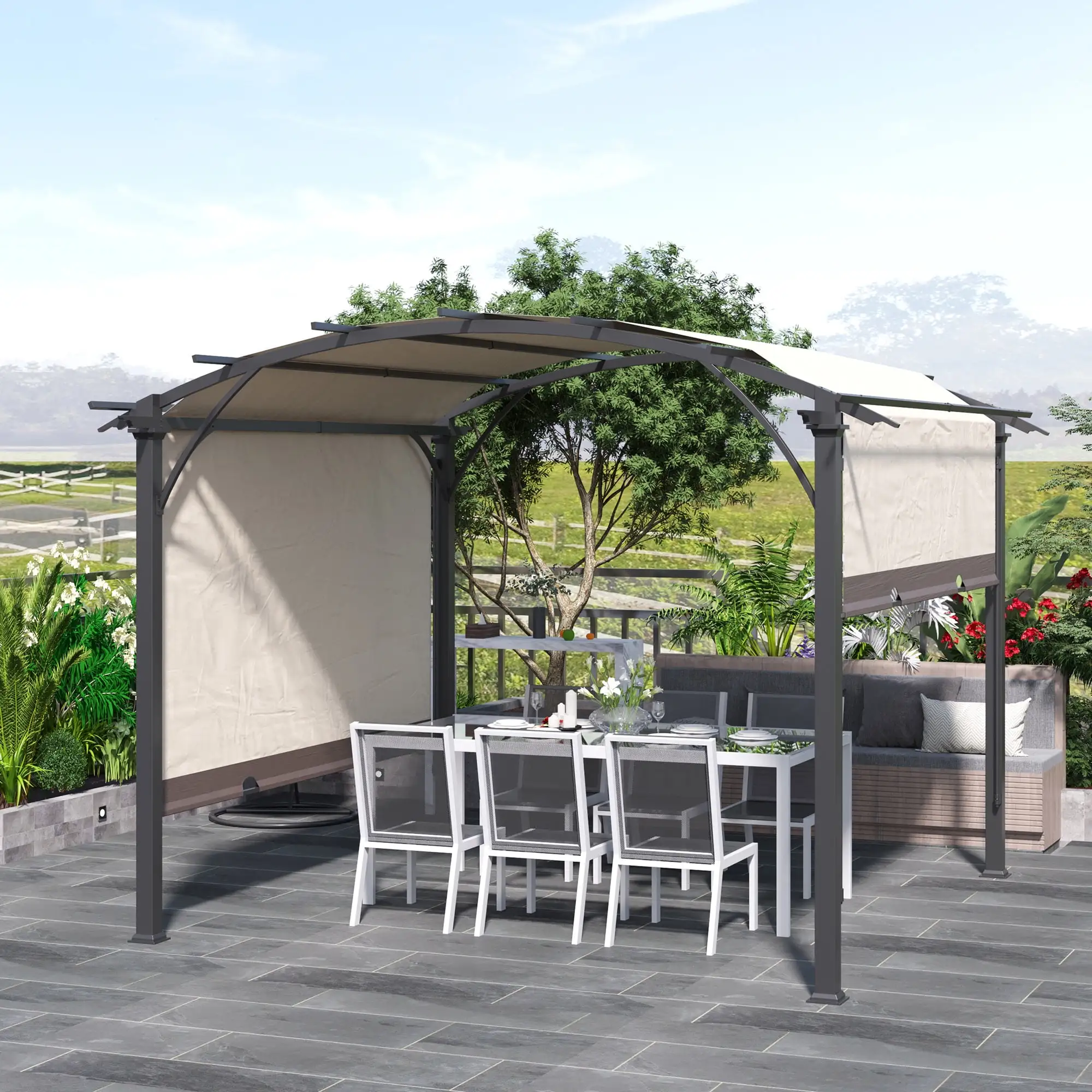 Outsunny 11' x 11' Outdoor Retractable Pergola Canopy. Arched Sun Shade Shelter. Metal Frame Patio Canopy for Backyard. Garden. Porch. Beach. Beige