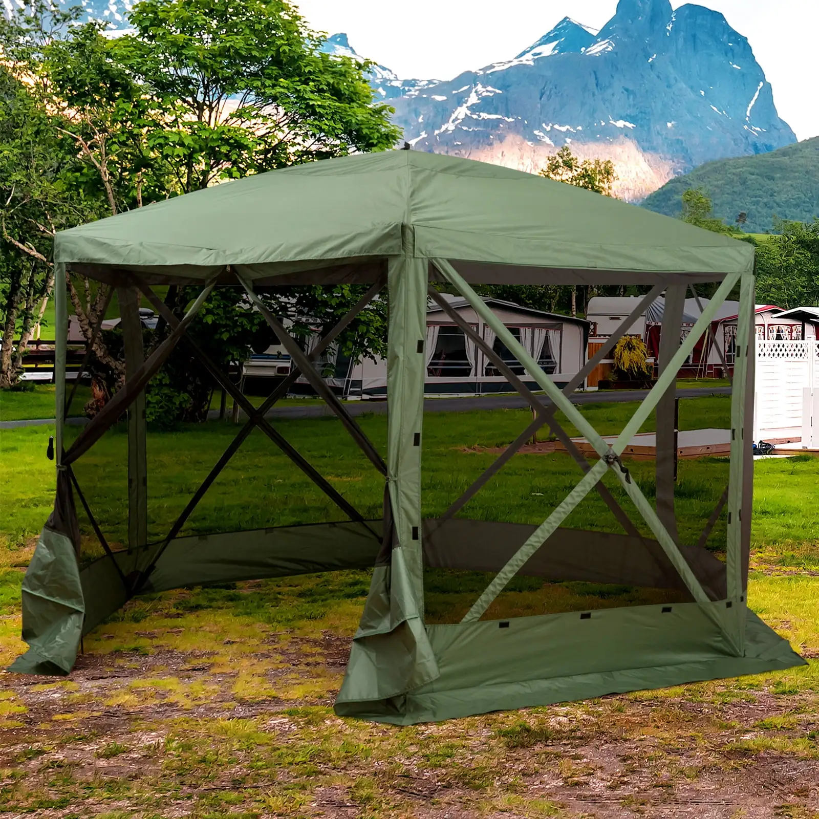 Outsunny 12' x 12' Hexagon Screen House. Pop Up Tent Portable Gazebo Canopy Shelter with Mesh Netting Walls. Carry Bag and Shaded Interior. Green