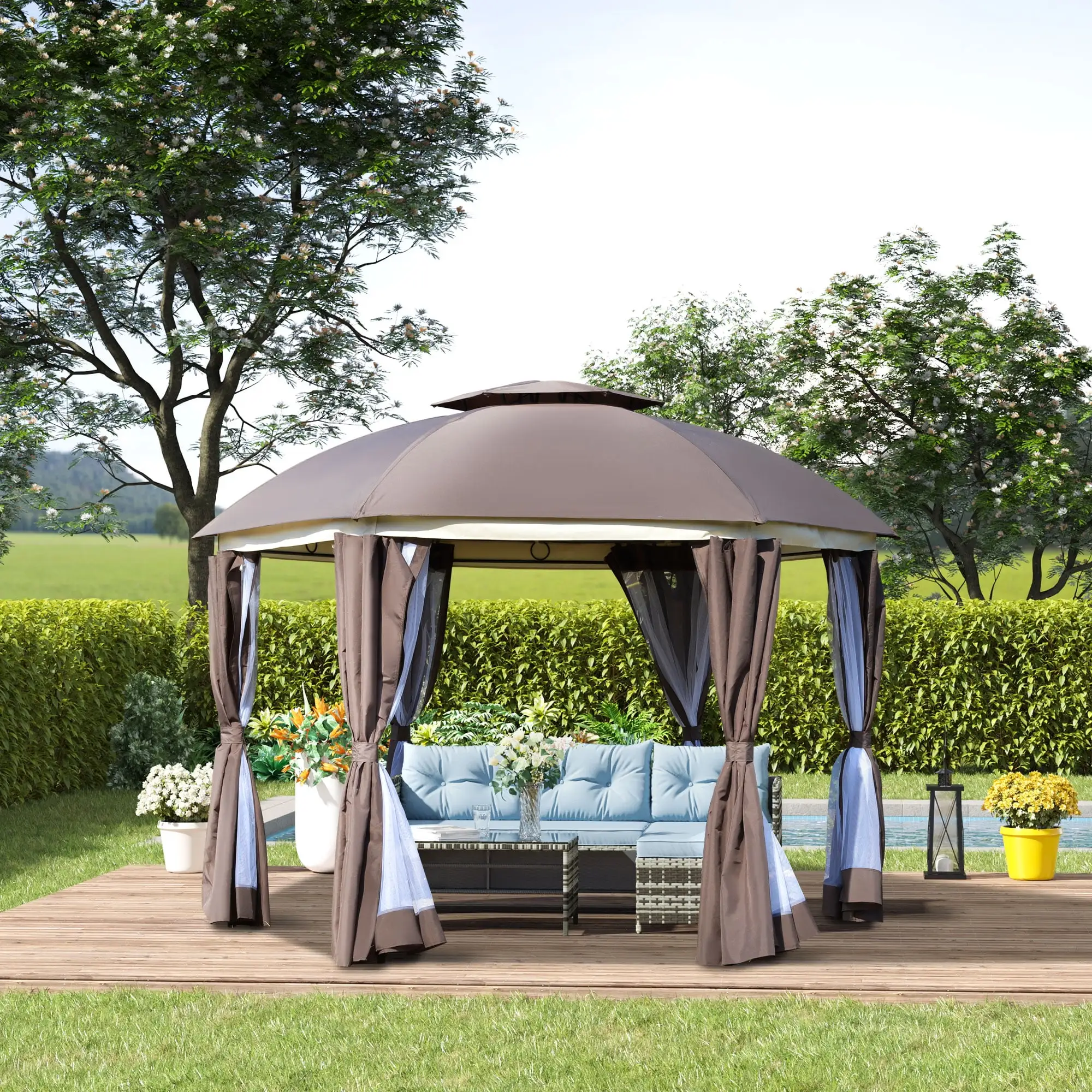 Outsunny 12' x 12' Round Outdoor Gazebo. Patio Dome Gazebo Canopy Shelter with Double Roof. Netting Sidewalls and Curtains. Zippered Doors. Strong Steel Frame. Brown