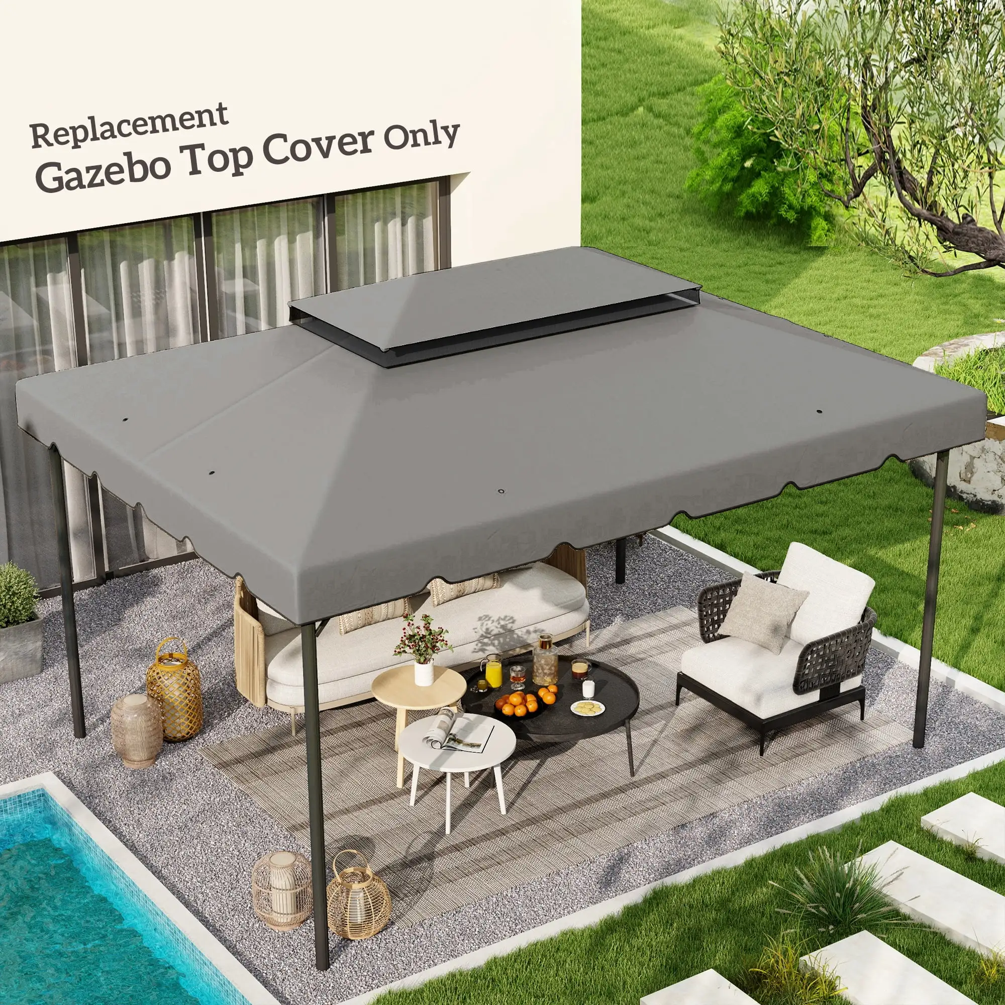 Outsunny 13.1'x9.8' Double Roof Gazebo Replacement Canopy Top Cover Gray