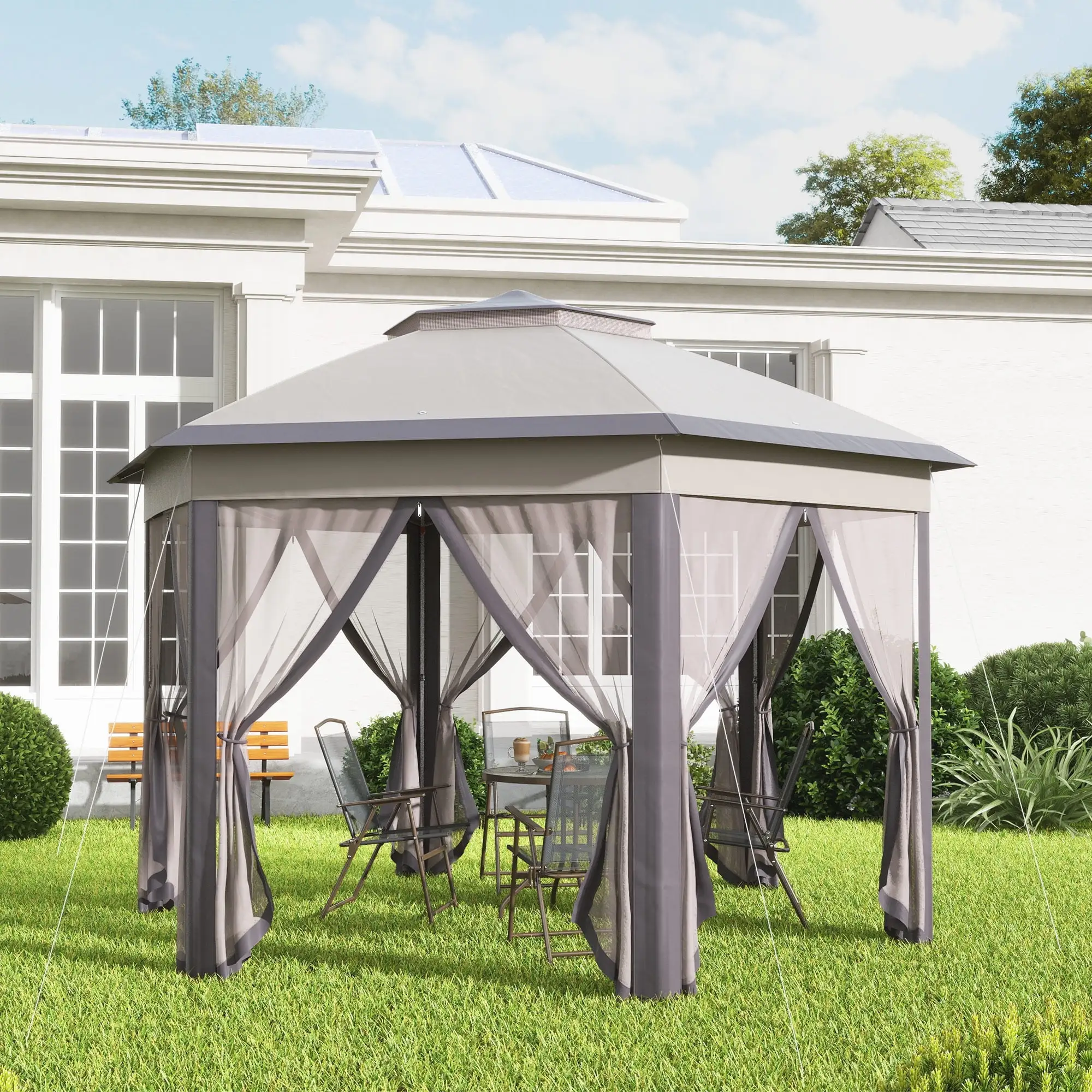 Outsunny 13' x 13' Pop Up Gazebo with 6 Zippered Mesh Netting. Coffee