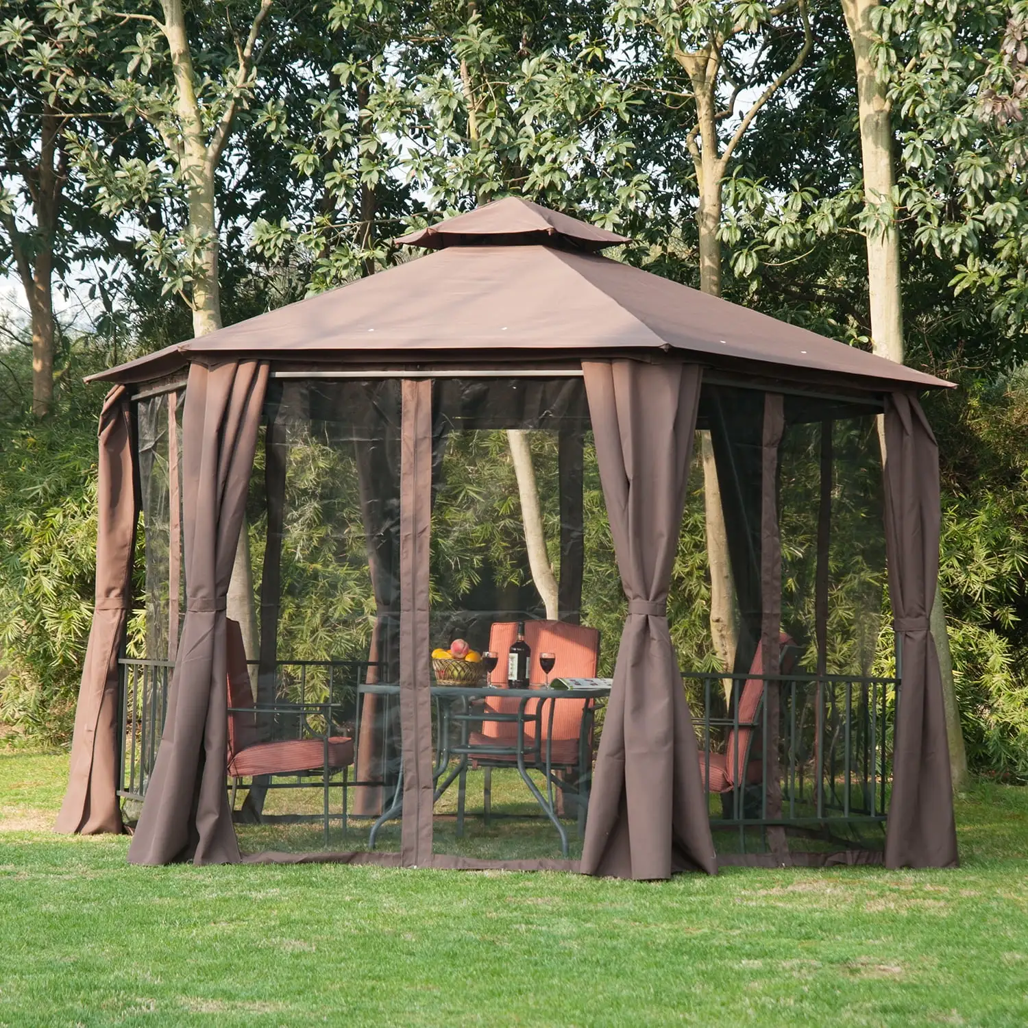 Outsunny 13' x 13' Patio Gazebo. Double Roof Hexagon Outdoor Gazebo Canopy Shelter with Netting & Curtains. Solid Steel Frame for Garden. Lawn. Backyard and Deck. Coffee