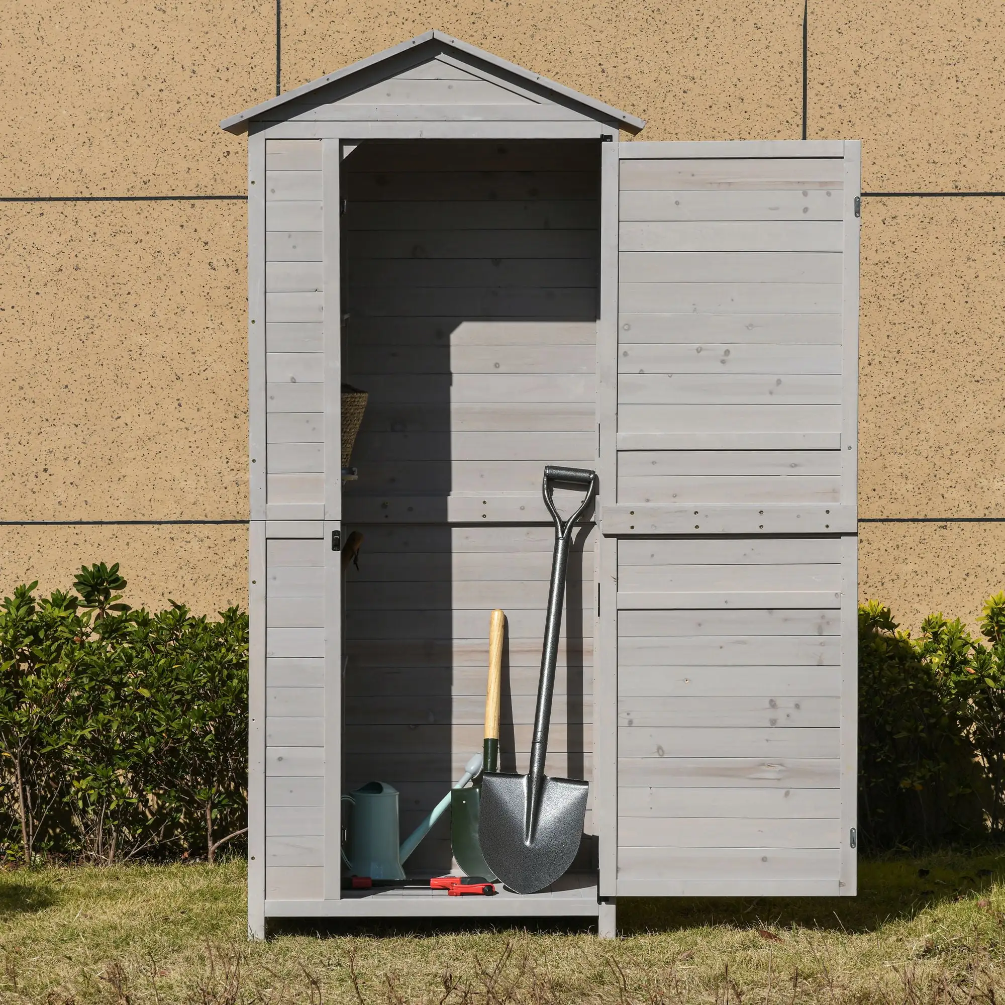 Outsunny 36 x 25 x 79 Wooden Storage Shed Cabinet. Outdoor Tool Shed Organizer with 4-Tier. 3 Shelves with Handle Tin Roof Magnetic Latch Foot Pad. Light Grey