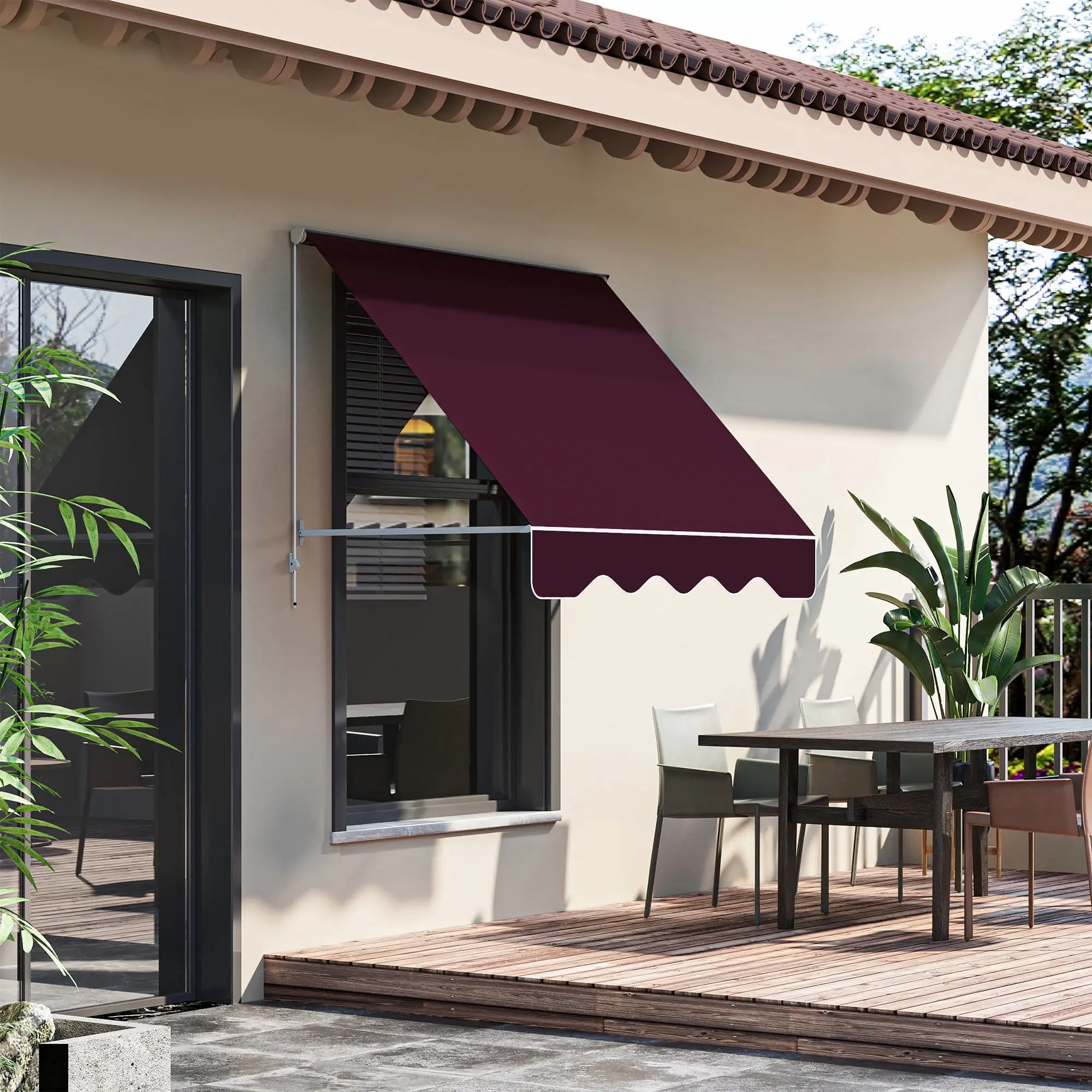 Outsunny 6' Drop Arm Manual Retractable Window Awning Sun Shade Shelter for Patio Balcony Outdoor. Aluminum. Wine Red