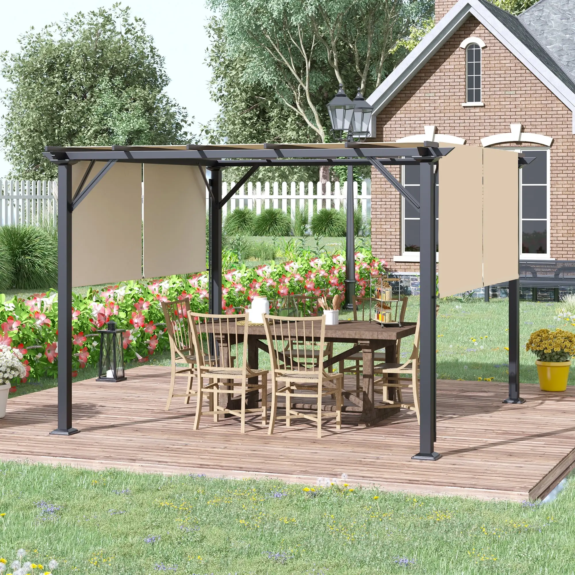 Outsunny 7.2 ft x 11.8 ft. Outdoor Retractable Pergola. Beige