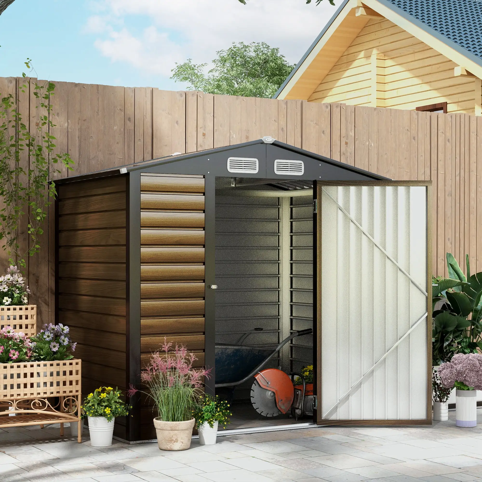 Outsunny 74.8 x 52 Metal Garden Storage Shed with Vents. Oak Colored