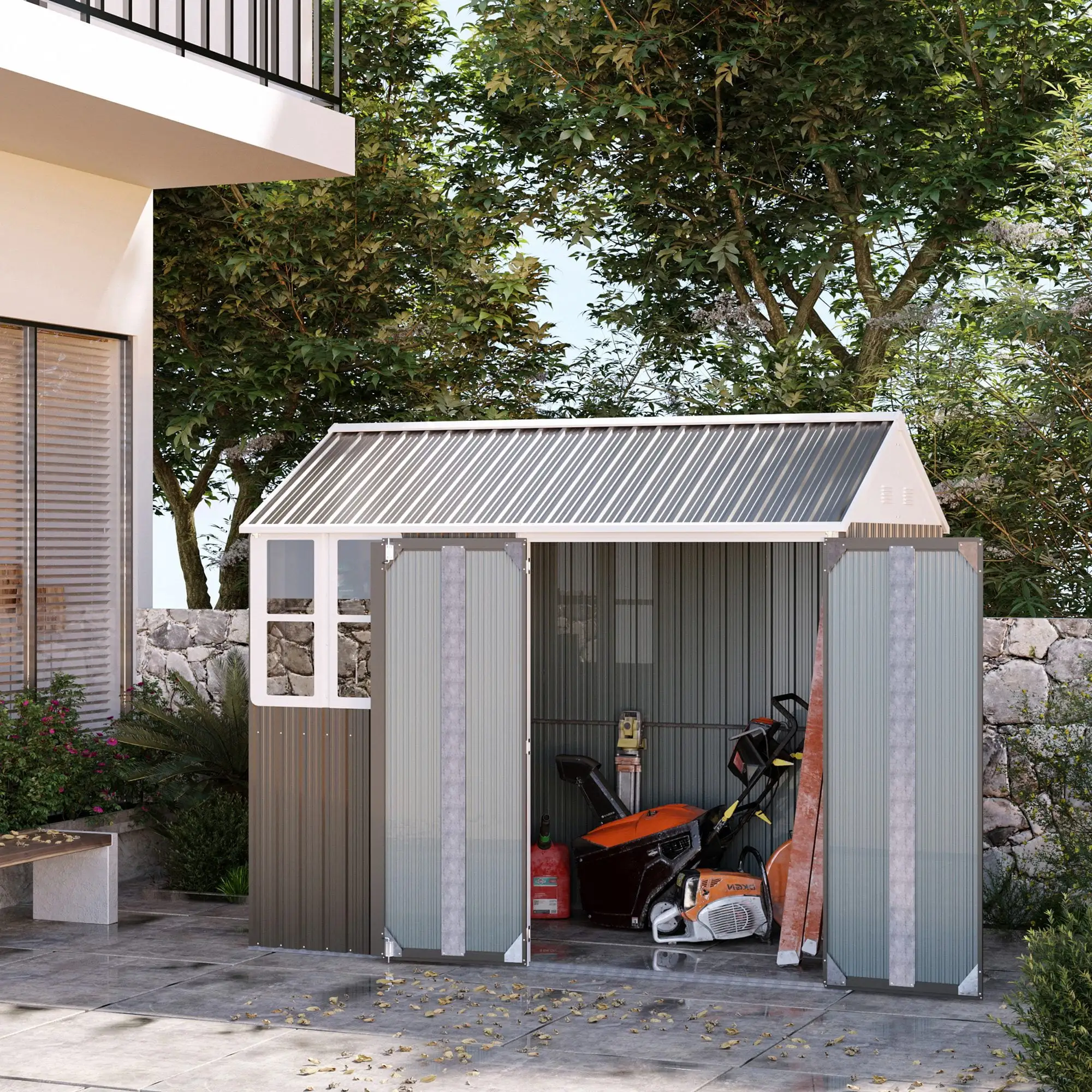 Outsunny 8' x 6' Metal Garden Storage Shed W/ Doors Windows & Vents. Gray