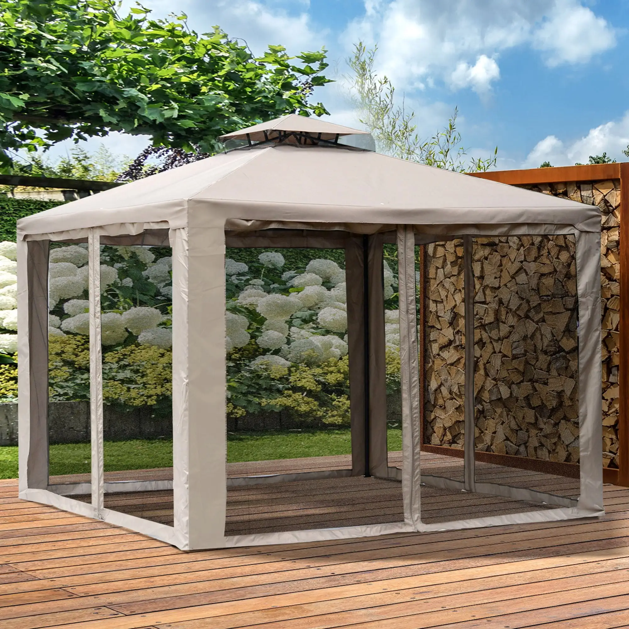 Outsunny 9.6' x 9.6' Patio Gazebo. Outdoor Canopy Shelter. Taupe