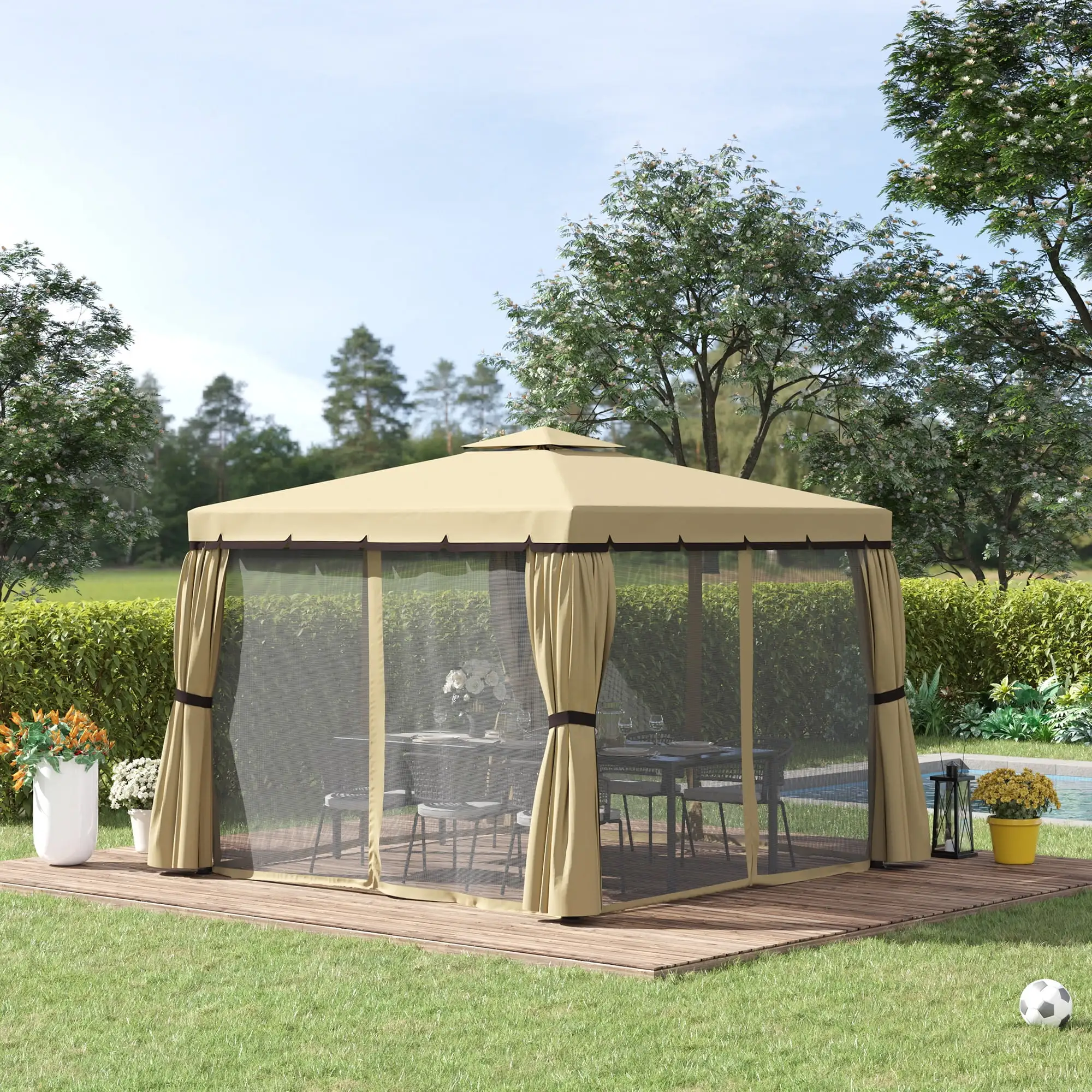 Outsunny 9.7' x 9.7' Patio Gazebo with Sidewalls. Netting. Beige