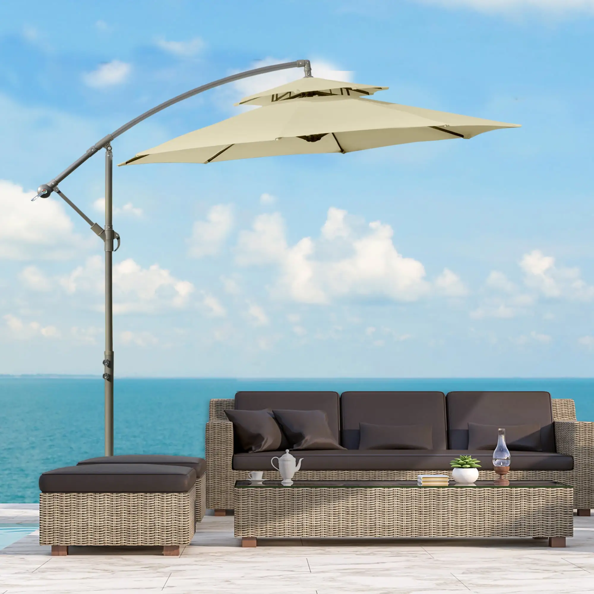 Outsunny 9 Offset Patio Umbrella with Base. Cantilever w/ Cross Base. Beige