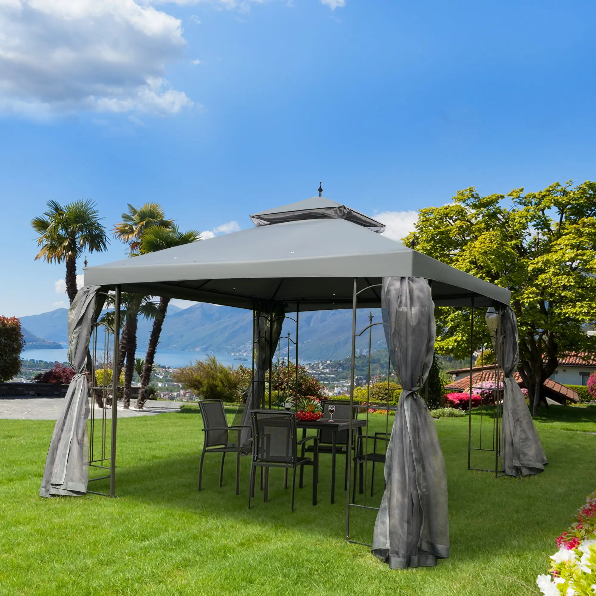 Outsunny Decorative Outdoor Gazebo with Corner Shelves. Gray