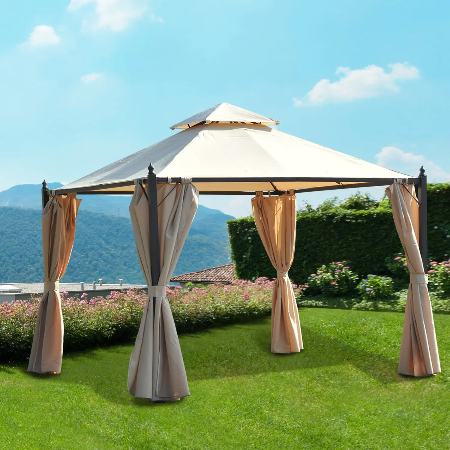 Outsunny Gazebo Double-tier 10ft10ft Shelter Shade Awning Canopy Patio Curtain