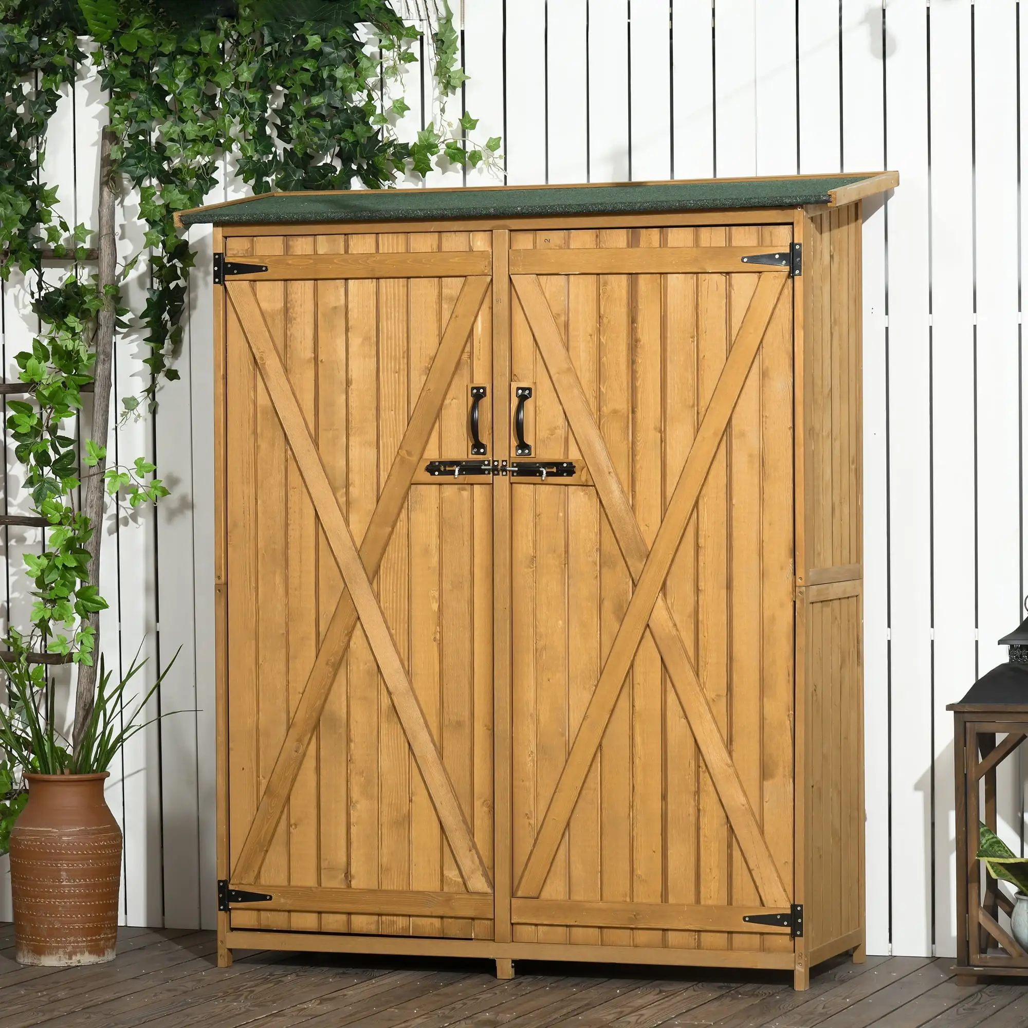 Outsunny Outdoor Storage Cabinet Wooden Garden Shed Utility Tool Organizer with Waterproof Asphalt Rood. Lockable Doors. 3 Tier Shelves for Lawn. Backyard. Natural