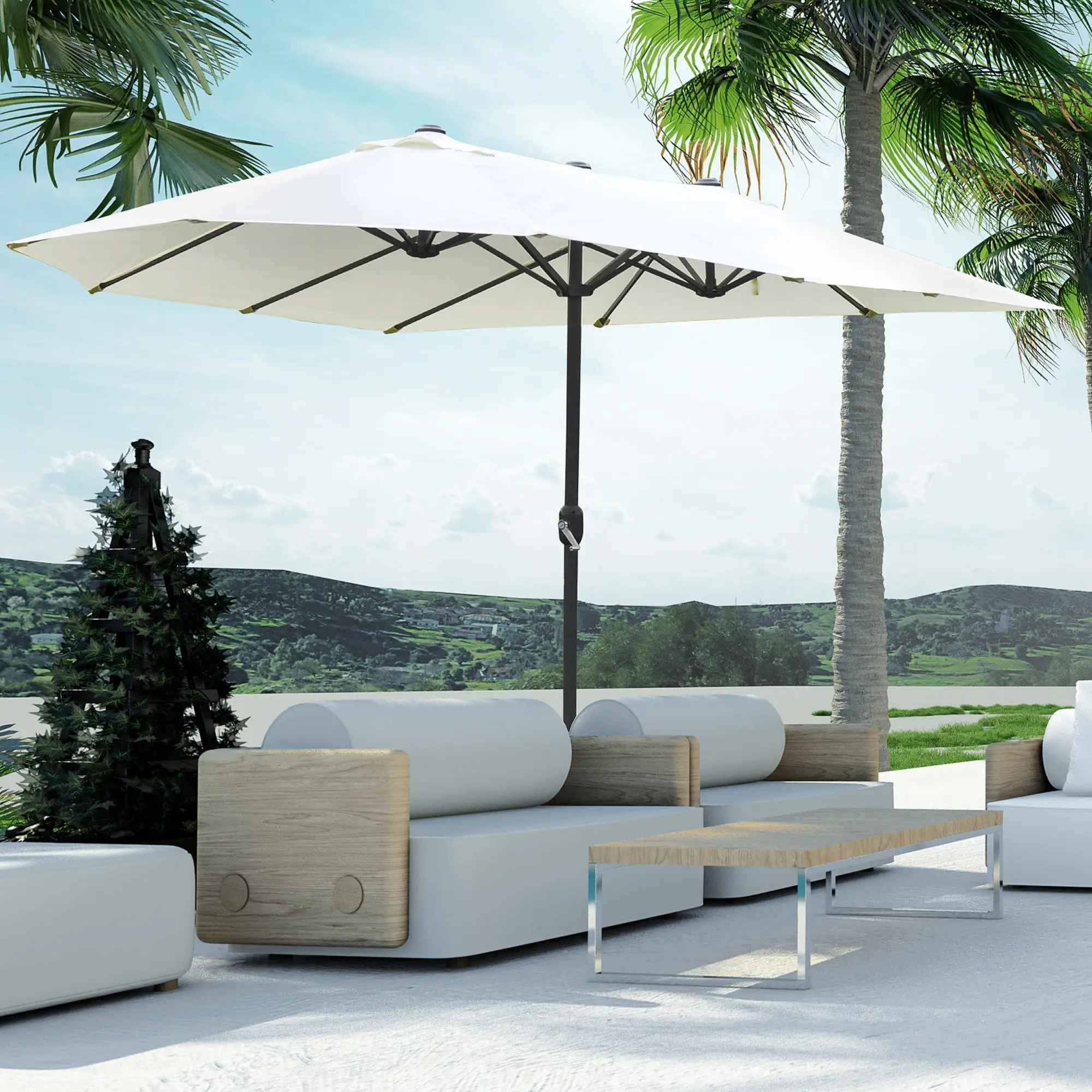 Outsunny Patio Umbrella 15' Steel Rectangular Outdoor Double Sided Market with base. Sun Protection & Easy Crank for Deck Pool Patio. Beige