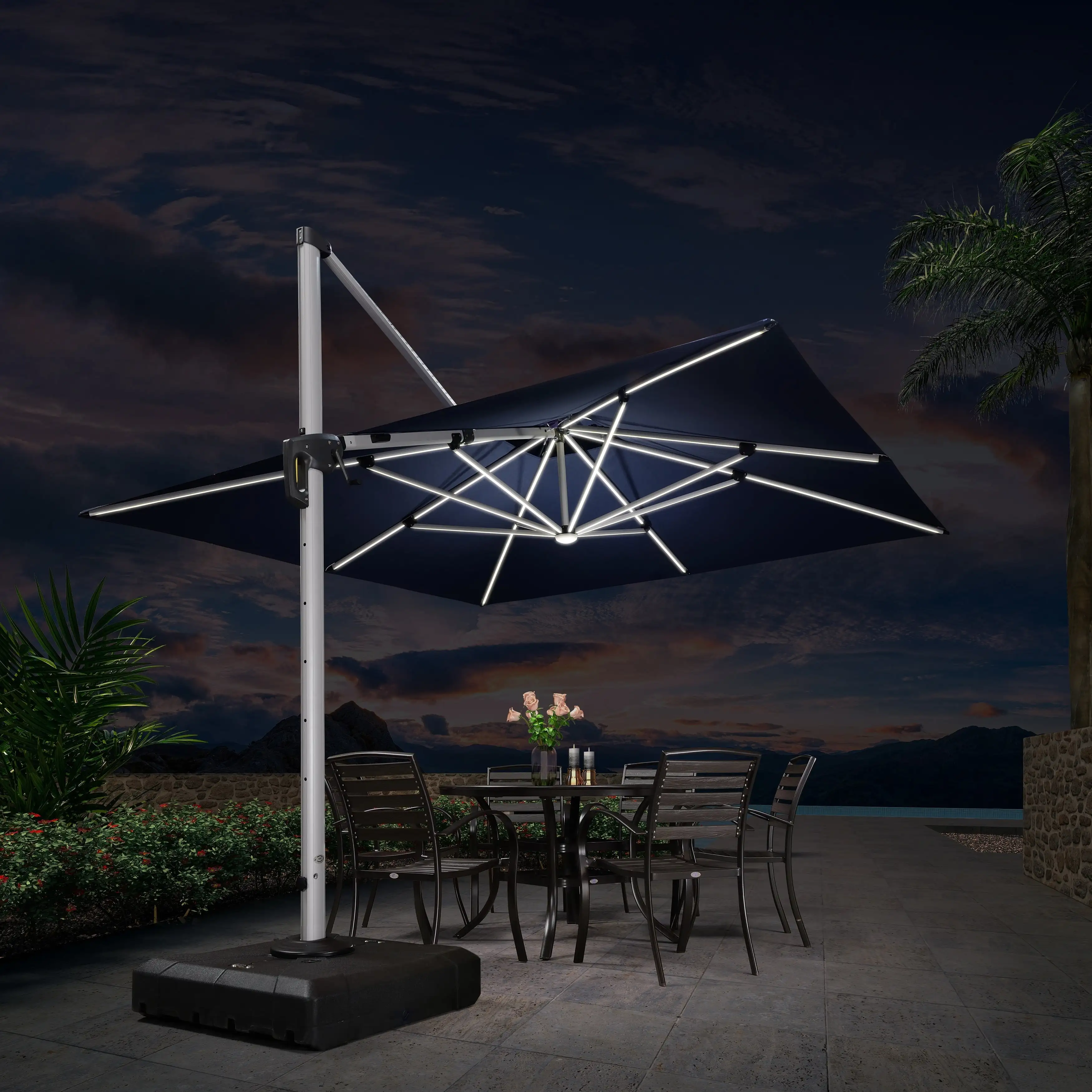 PURPLE LEAF 11 ft Double Top LED Square Patio Cantilever Umbrella Navy Blue