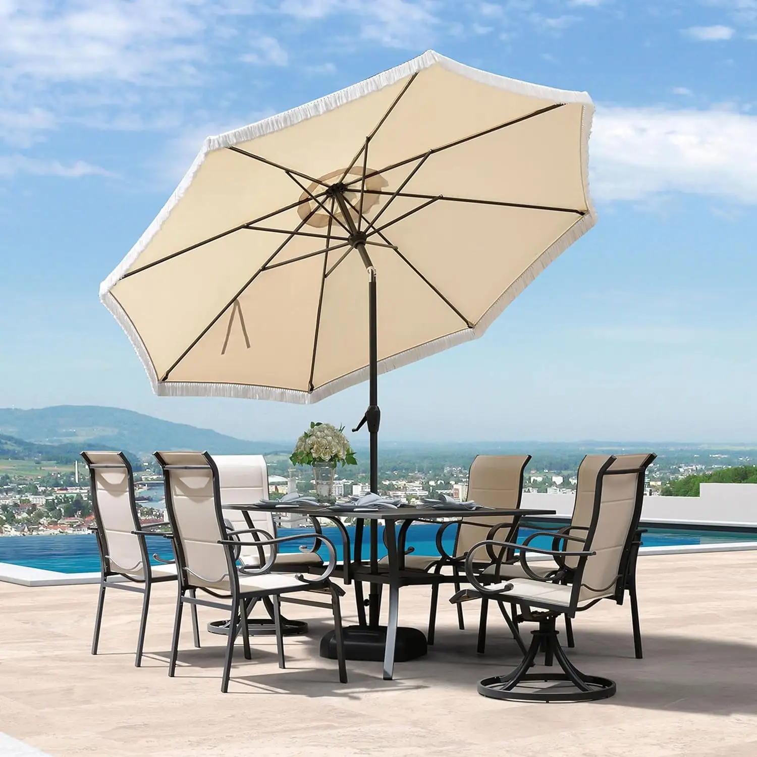 PURPLE LEAF 9 ft Patio Umbrella with Fringe Tassel Outdoor Market Umbrella w/ Tilt & Crank. 8 Aluminum Ribs. UV Protection for Garden Deck Pool Patio - Beige