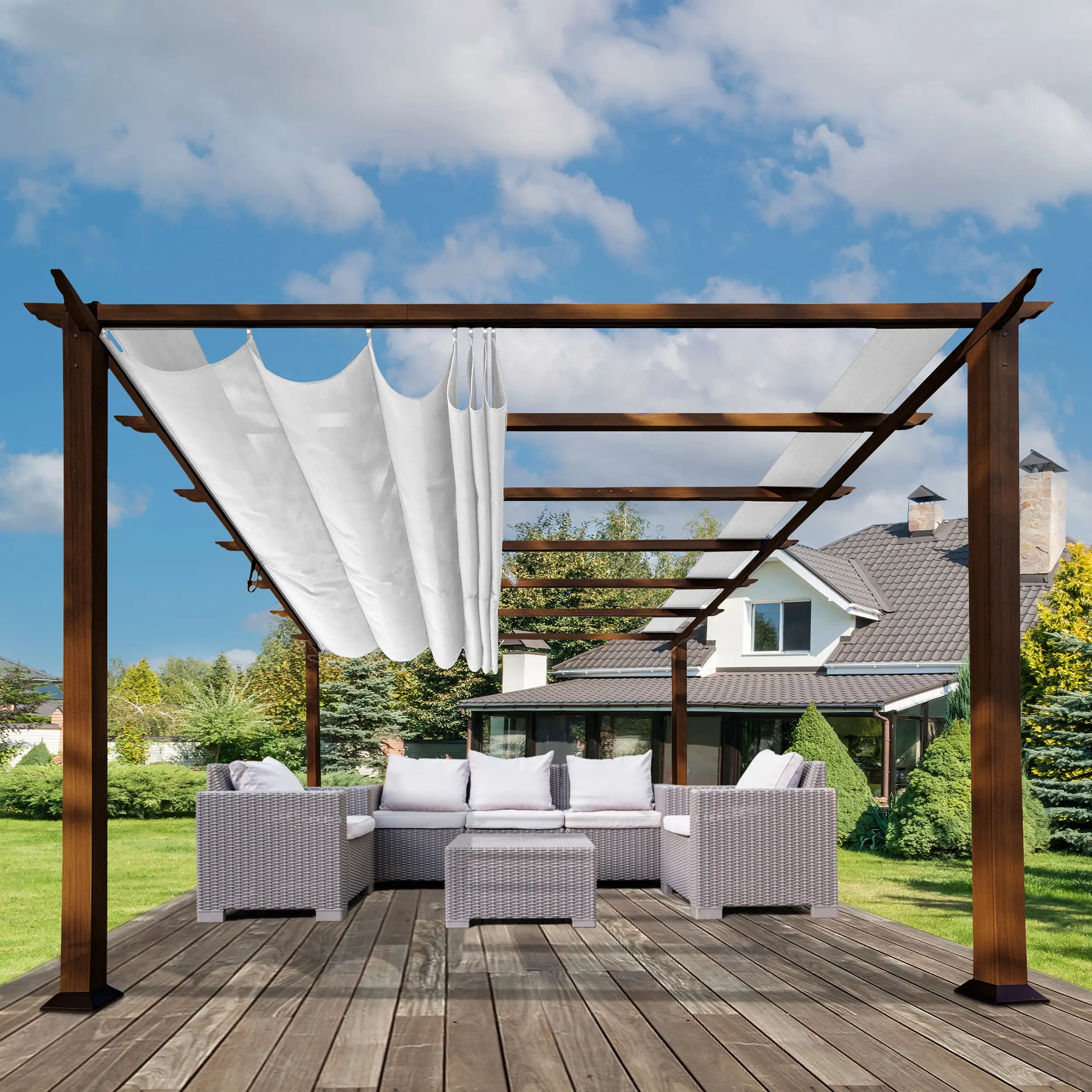 Paragon Outdoor 11' x 11' Florence Aluminum Pergola in Chilean Ipe Wood Grain Finish with Cr??me Convertible Canopy