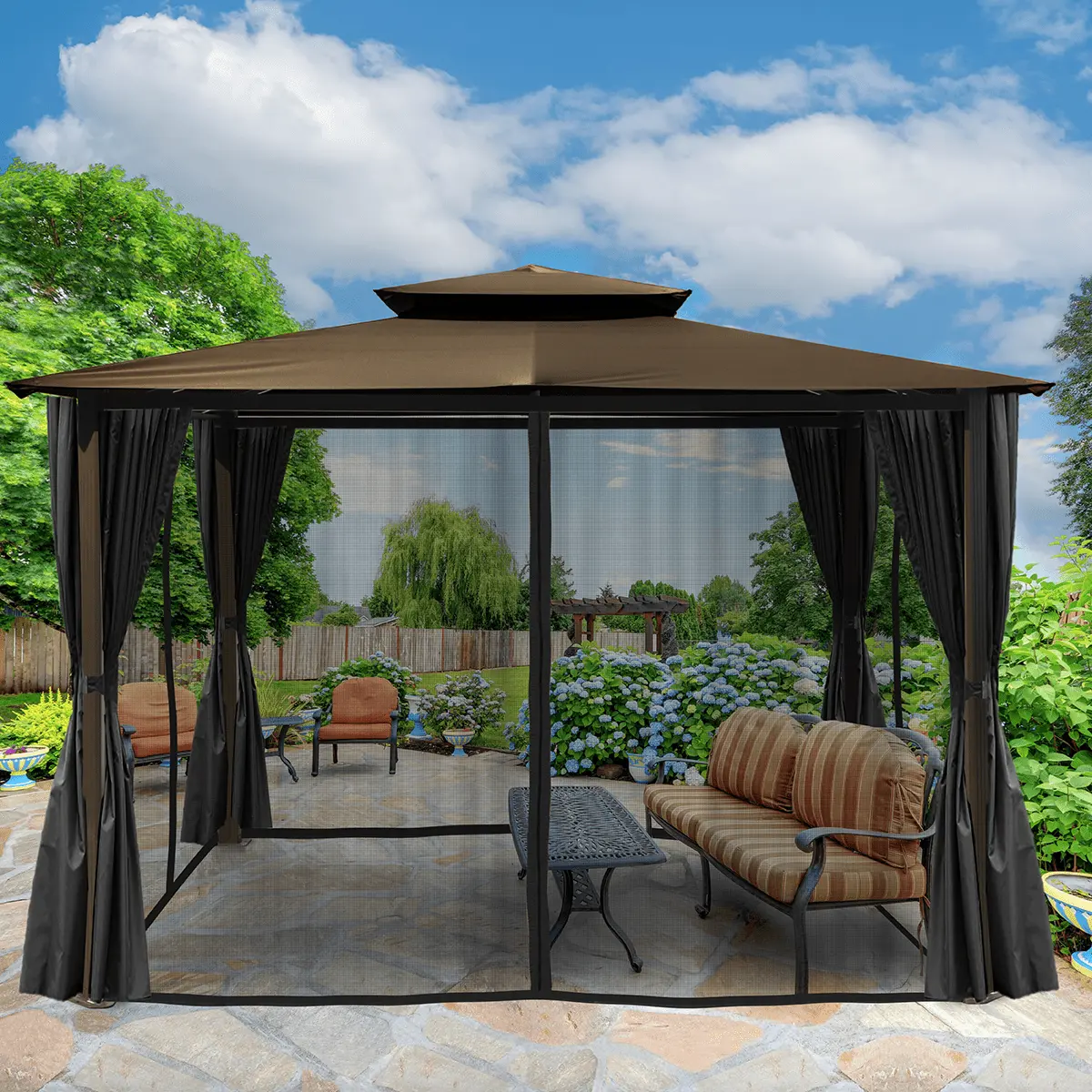 Paragon Outdoor 11' x 14' Kingsbury Aluminum Gazebo with Cocoa Roof. Privacy Curtains and Mosquito Netting