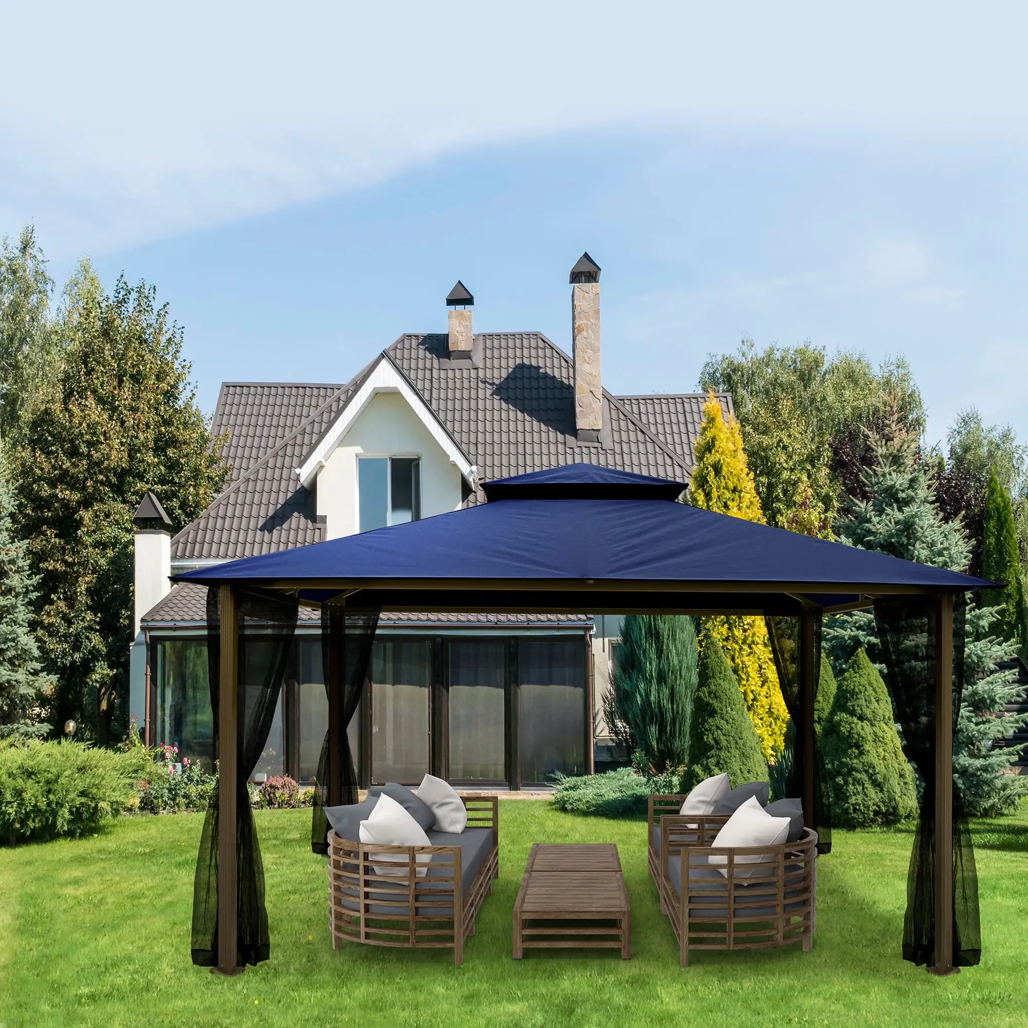 Paragon Outdoor 11' x 14' Kingsbury Gazebo with Navy Top and Mosquito Netting