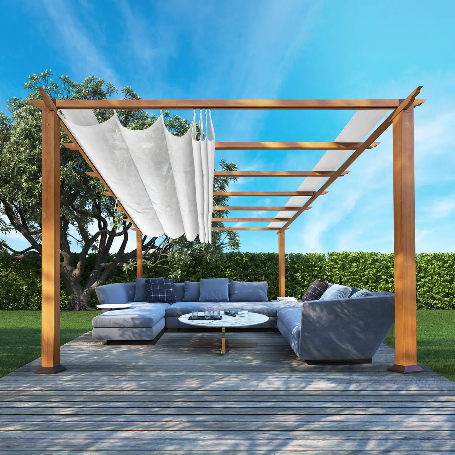 Paragon Outdoor 11' x 16' Aluminum Pergola in Canadian Cedar Finish with Adjustable Cr??me Canopy