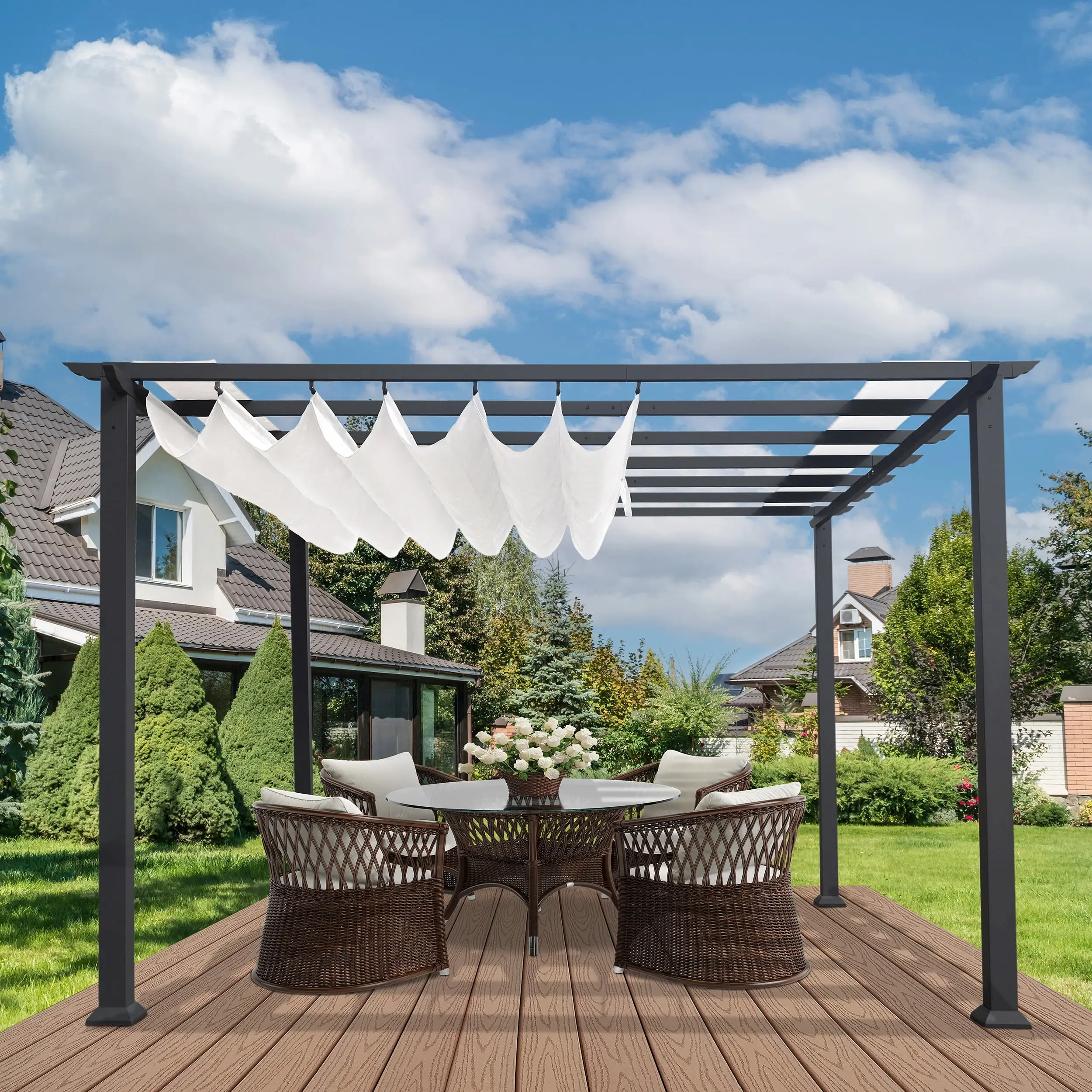 Paragon Outdoor 11' x 16' Florence Aluminum Pergola in Grey Finish with Adjustable Cr??me Canopy