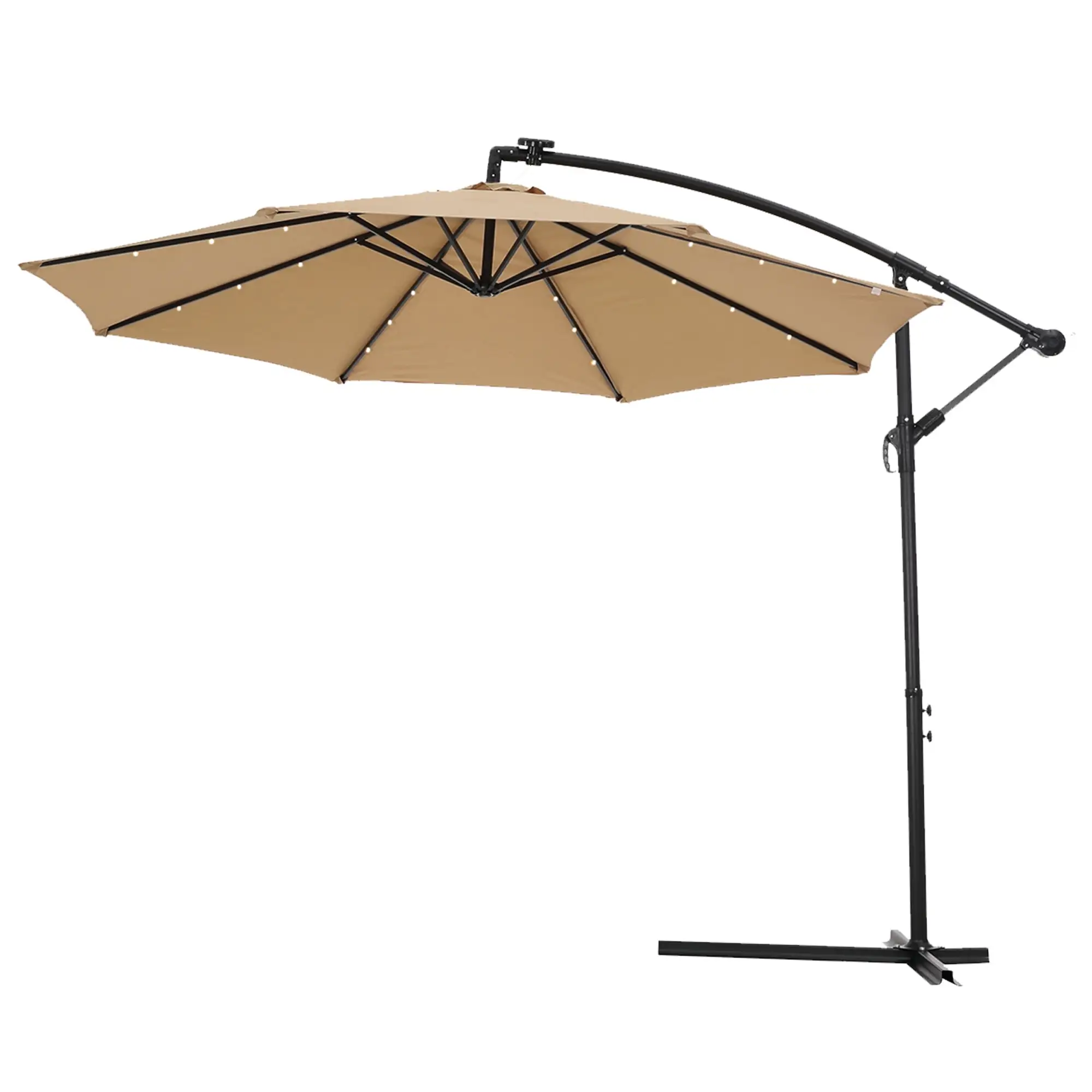 Patio Cantilever Offset Market Umbrella. SYNGAR 10ft Outdoor UV/Rain Protection Umbrella. Backyard Hanging Umbrella with Solar Panel. Crank. 8 Steel Ribs & 24 LED Lights. for Garden. Lawn. Taupe. D849