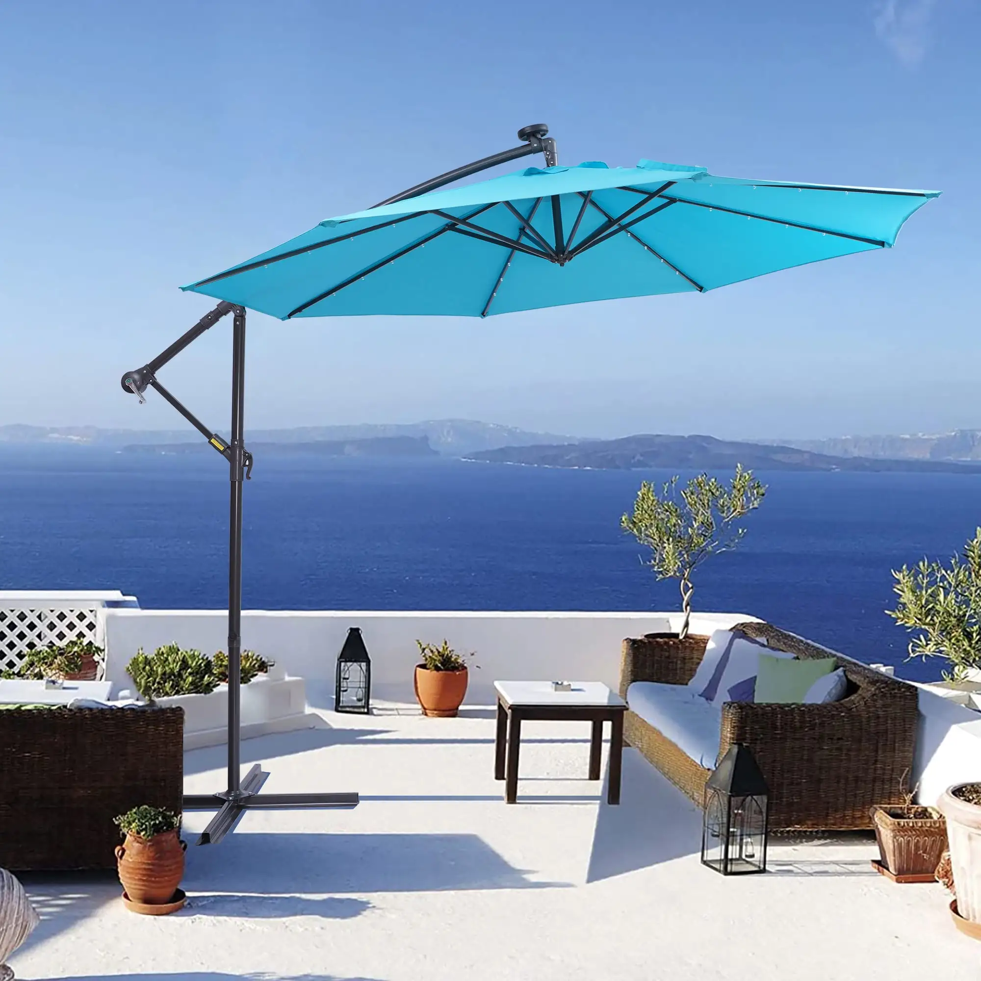 Patio Cantilever Umbrella with 10ft Large Canopy. SYNGAR Outdoor Offset Umbrella with Crank. Solar Panel. 24 LED Lights and 8 Steel Ribs. Waterproof Market Umbrella for Beach. Garden. Lawn. Blue. D863