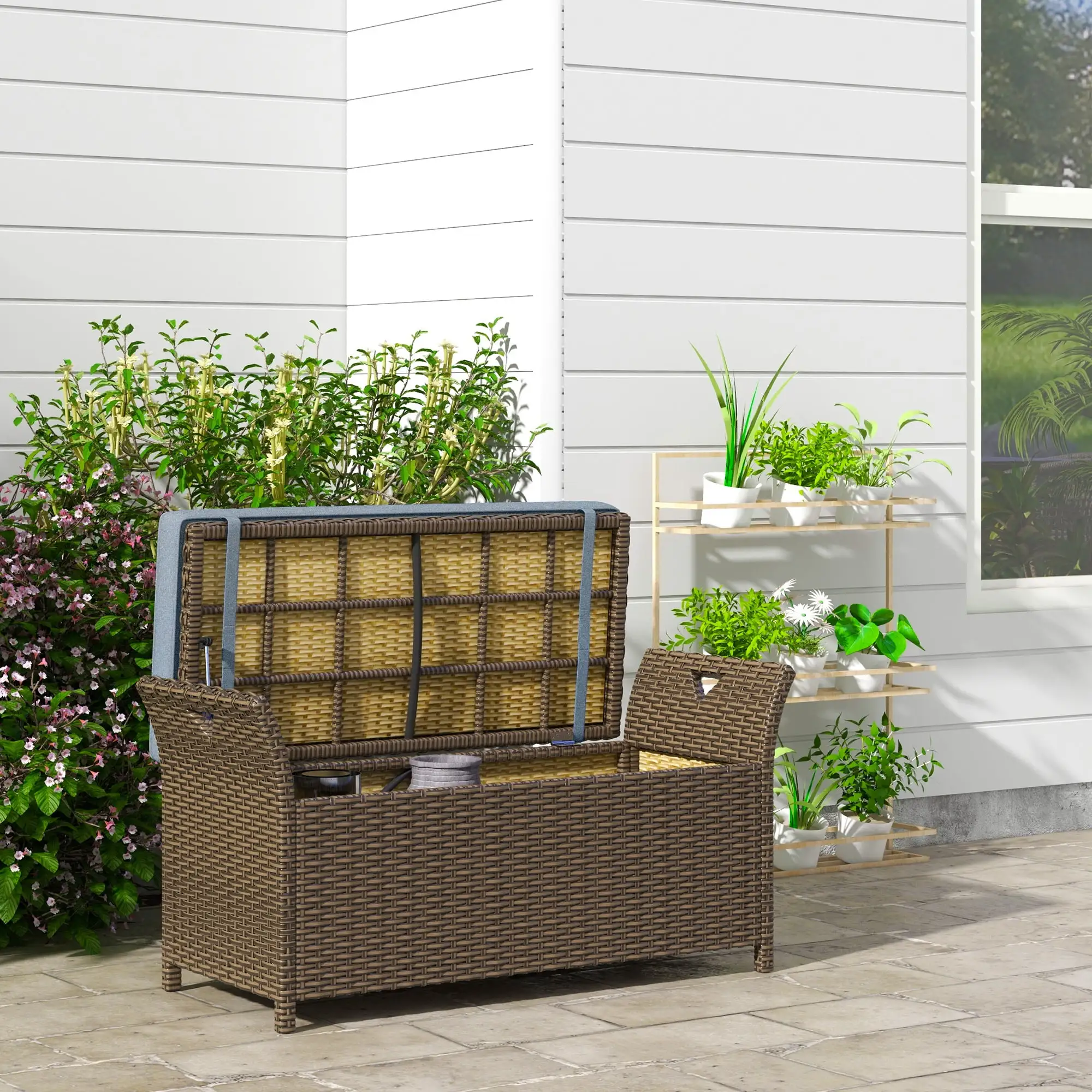 Patio Deck Box Bench with Blue Cushion. 27 Gallon Rattan Outdoor Storage Box with Handles