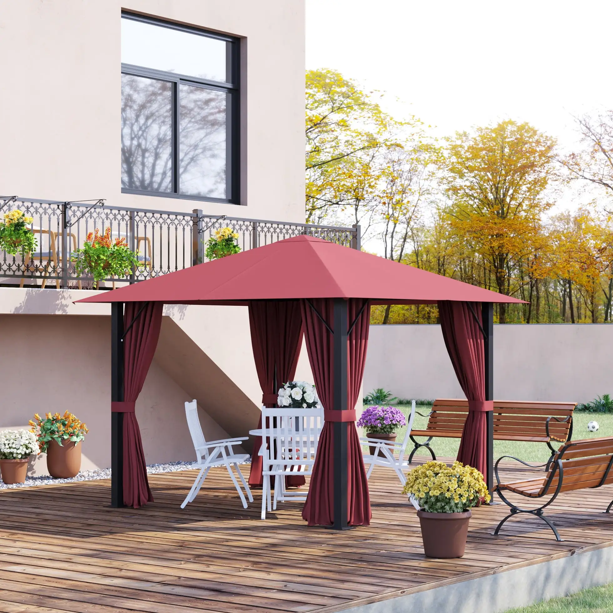 Patio Gazebo 10x 10. Outdoor Canopy Shelter with Sidewalls. Aluminum Frame. Vented Roof. Easy Set-up Heavy Duty Party Tent & Shelter for Backyard. Garden. Lawn and Deck. Red