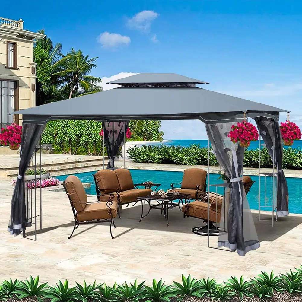 Patio Gazebo Canopy. 13'x10' Outdoor Gazebo with Double Vented Roof. Gazebo for Patio with Privacy Netting & Steel Frame. Easy Setup Permanent Pavilion with Strong Legs for Patios. Lawns. Gardens