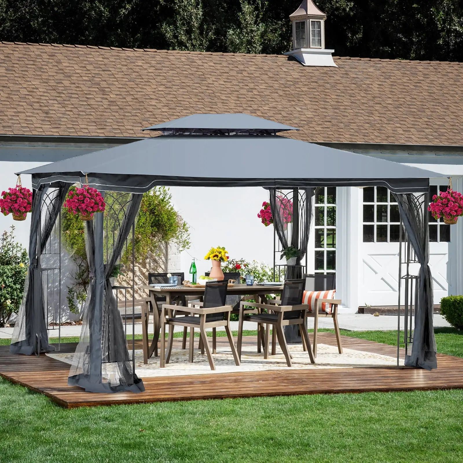 Patio Gazebo Canopy. 13x10 FT Outdoor Gazebo with Double Vented Roof. Gazebo for Patio with Detachable Netting & Steel Frame. Easy Setup Permanent Pavilion with Strong Legs for Patios. Lawns. Gardens