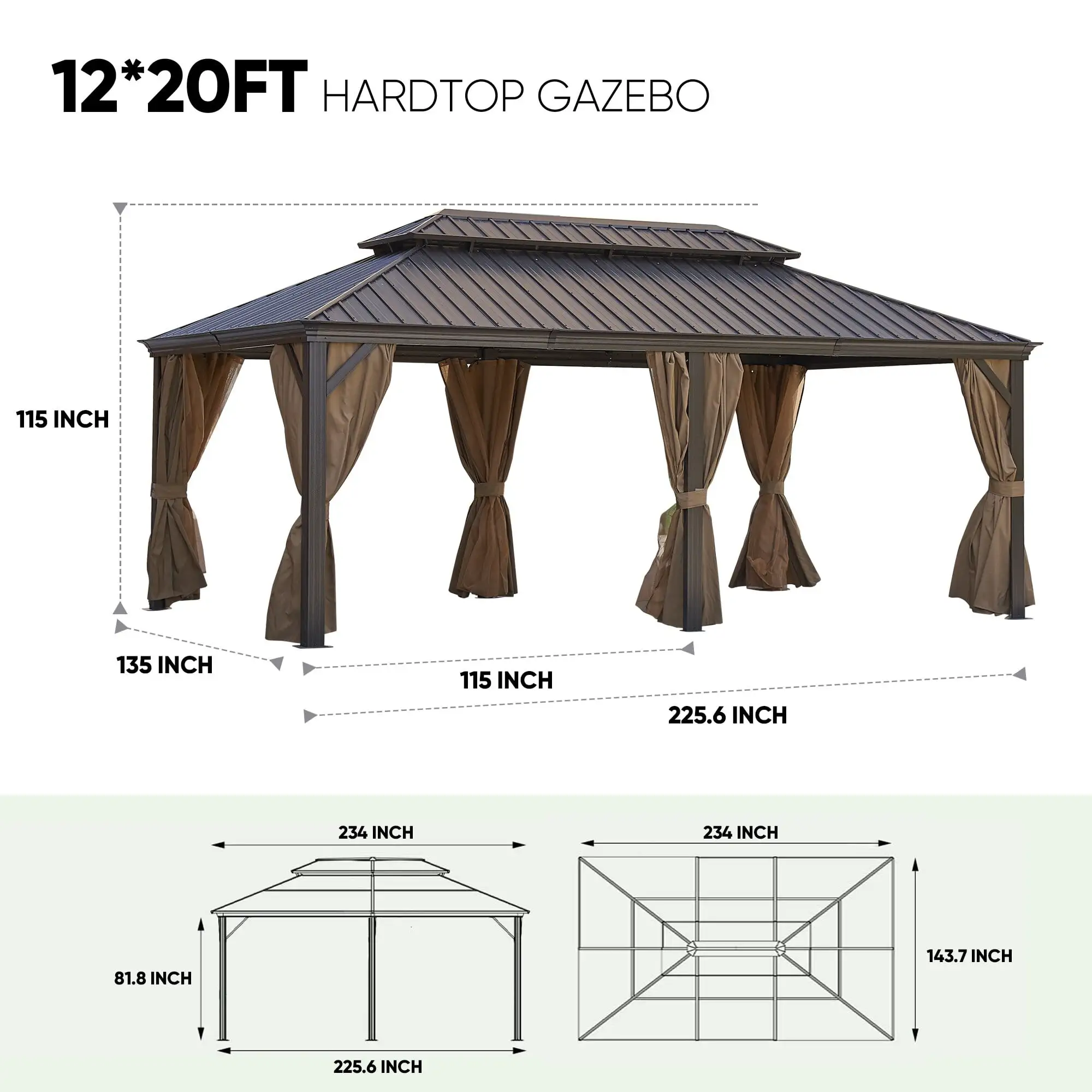 Patio Gazebo With Steel Canopy Outdoor Permanent Hardtop for Garden Brown - 12*20