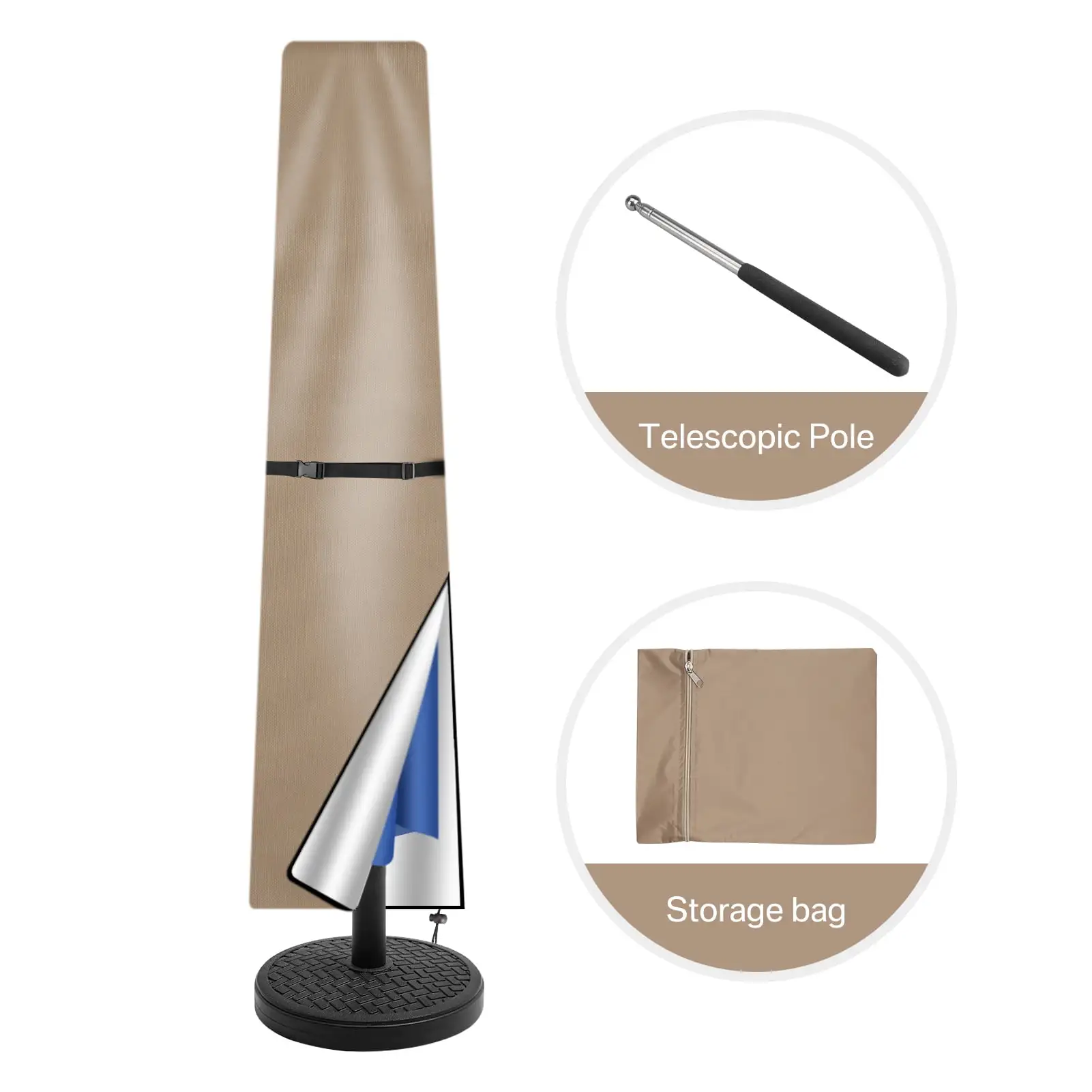 Patio Umbrella Cover 11' DIA Round or 7' Square Outdoor Umbrella Covers 420D with Telescopic Rod Water Resistant Parasol Cover Khaki