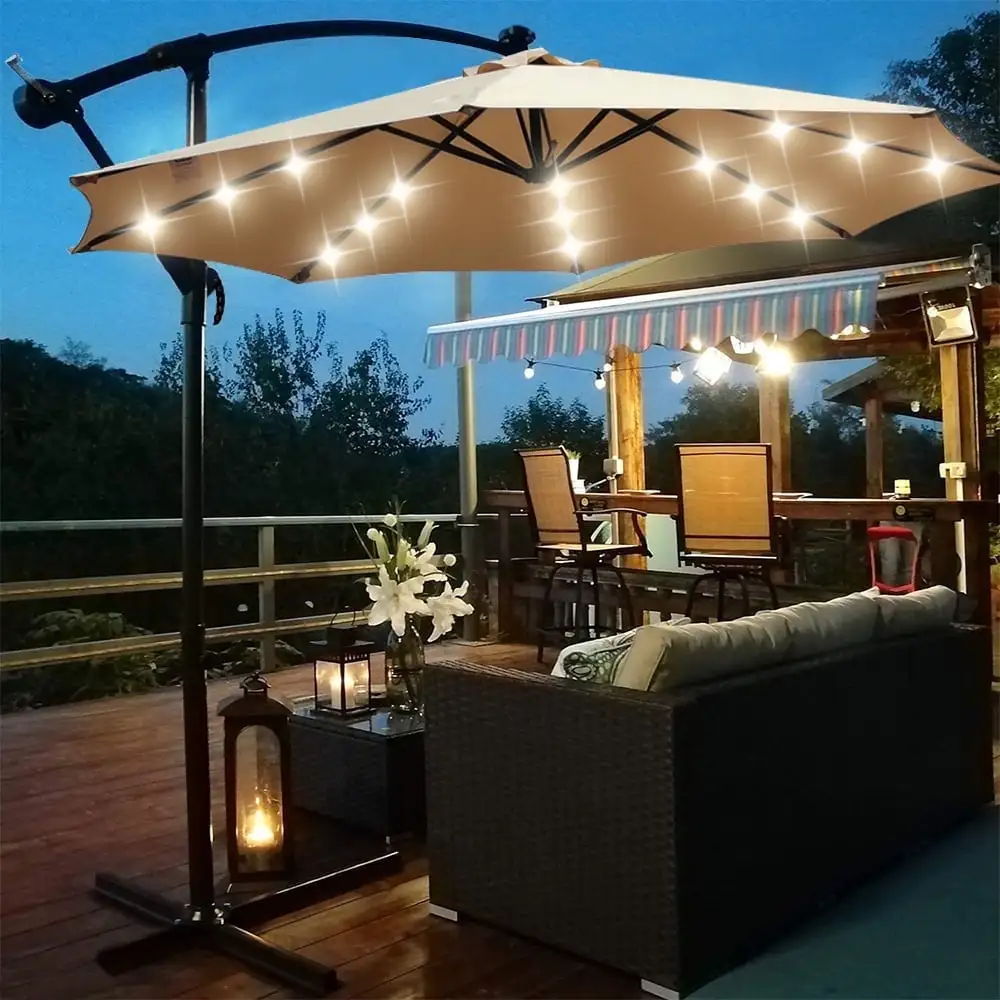 Patio Umbrellas. 10FT Solar LED Outdoor Umbrella with 32 Led Lights. Hanging Cantilever Market Patio Umbrella with Crank. Cross Base. Backyard Offset Umbrella for Garden. Pool. Lawn. Yard. 32LED