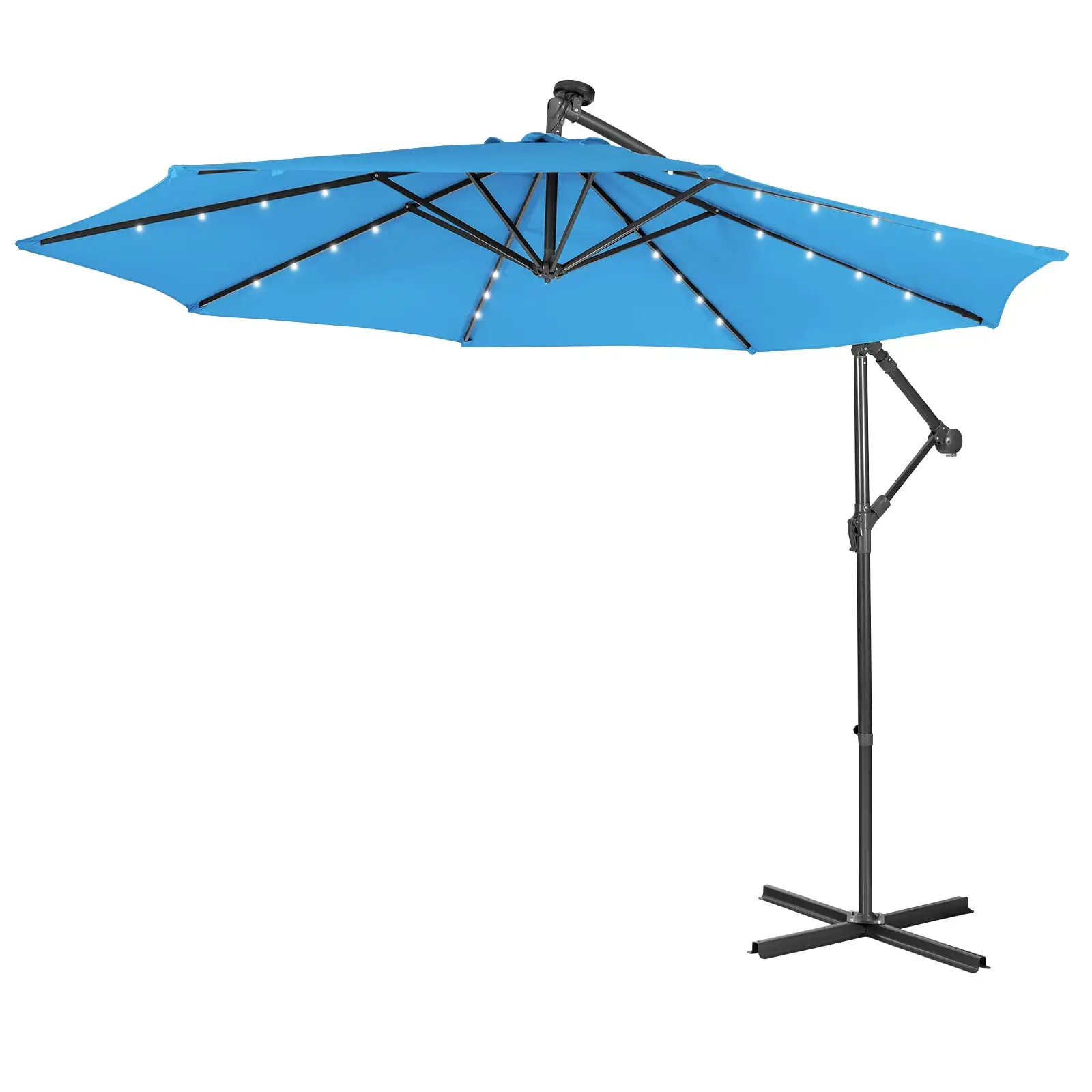 Patiojoy 10FT Patio Umbrella with 32 LED Lights Solar Powered Pool Umbrellas 8 Ribs Cantilever Offset Umbrella for Outdoor Blue