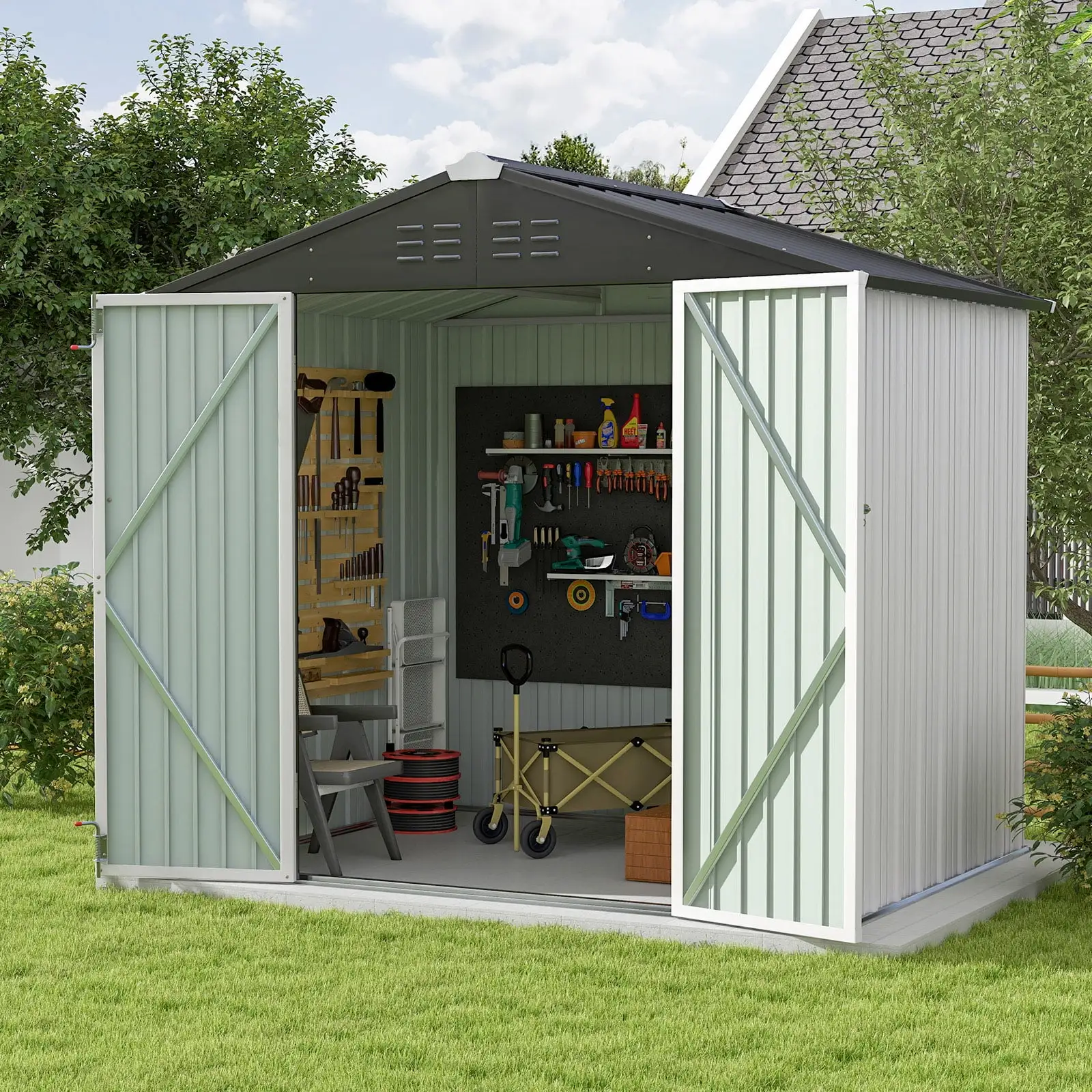 Patiowell 8 x 6 ft. Outdoor Metal Storage Shed. Galvanized Steel Garden Tool Shed with Double Lockable Doors for Backgard Patio Lawn. White