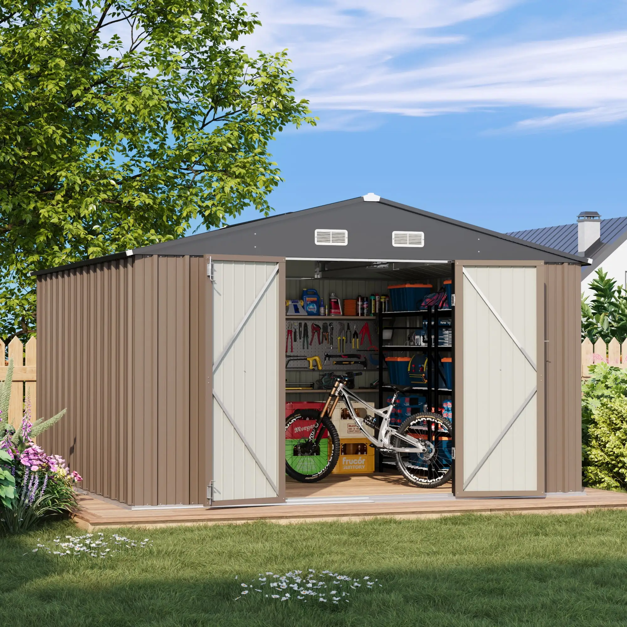 Patiowell Size Upgrade 10 x 10 ft Outdoor Storage Metal Shed with Sloping Roof and Double Lockable Door. Brown