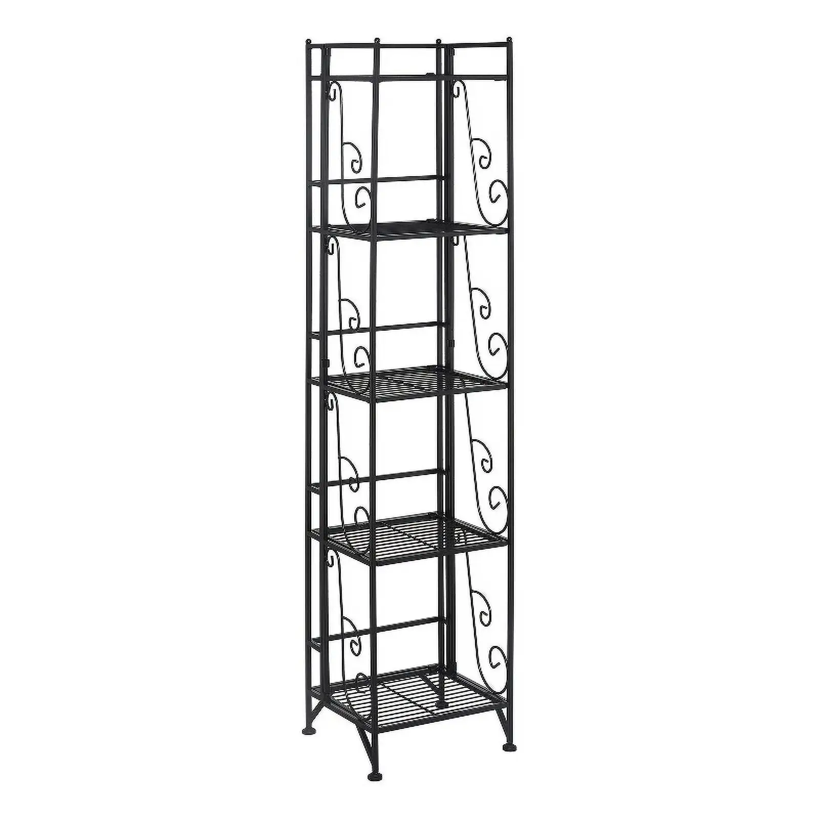 Pemberly Row Five-Tier Folding Metal Shelf with Scroll Design in Black Metal