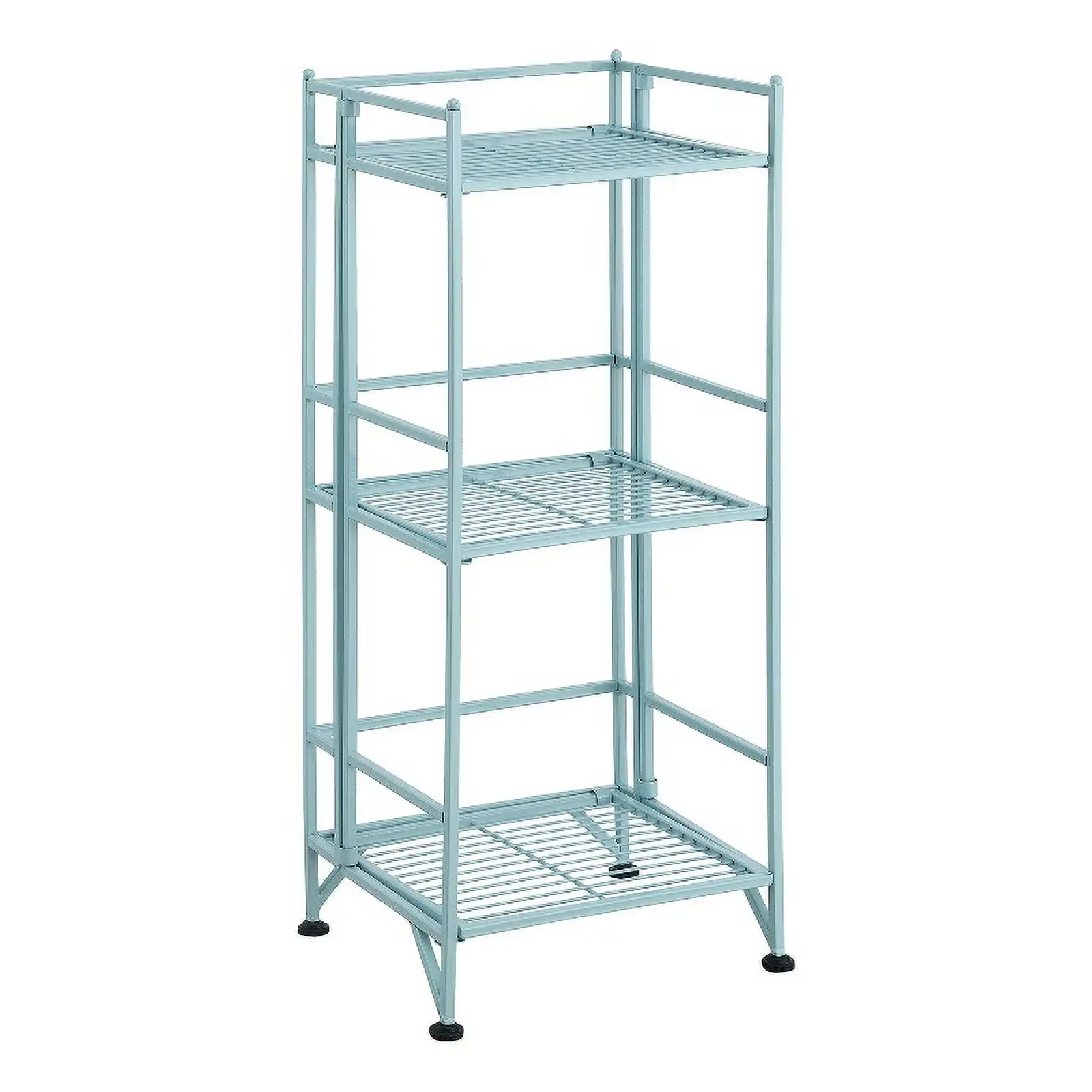 Pemberly Row Three-Tier Folding Metal Shelf with Seafoam Blue Metal Frame