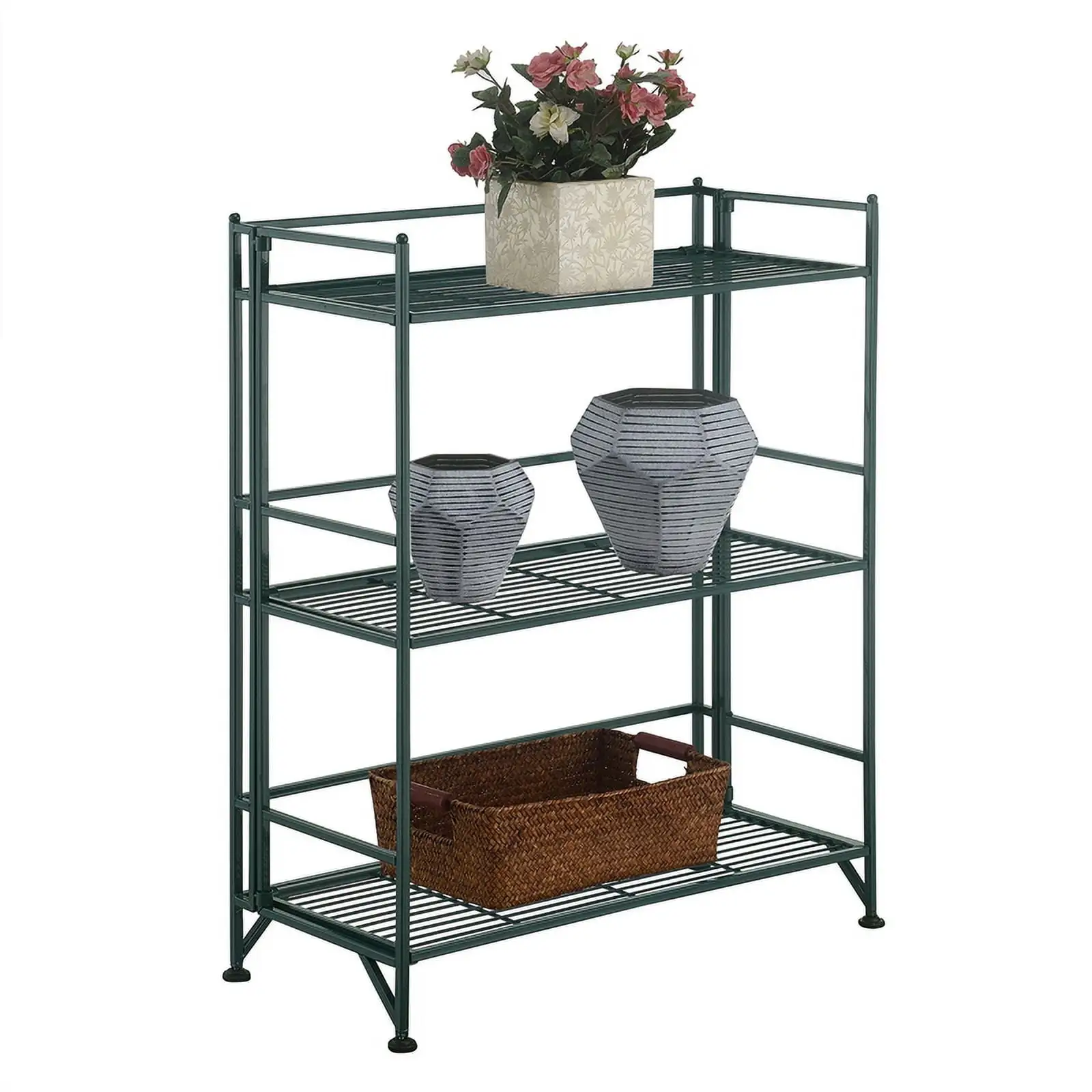 Pemberly Row Three-Tier Wide Folding Metal Shelf with Green Metal Frame