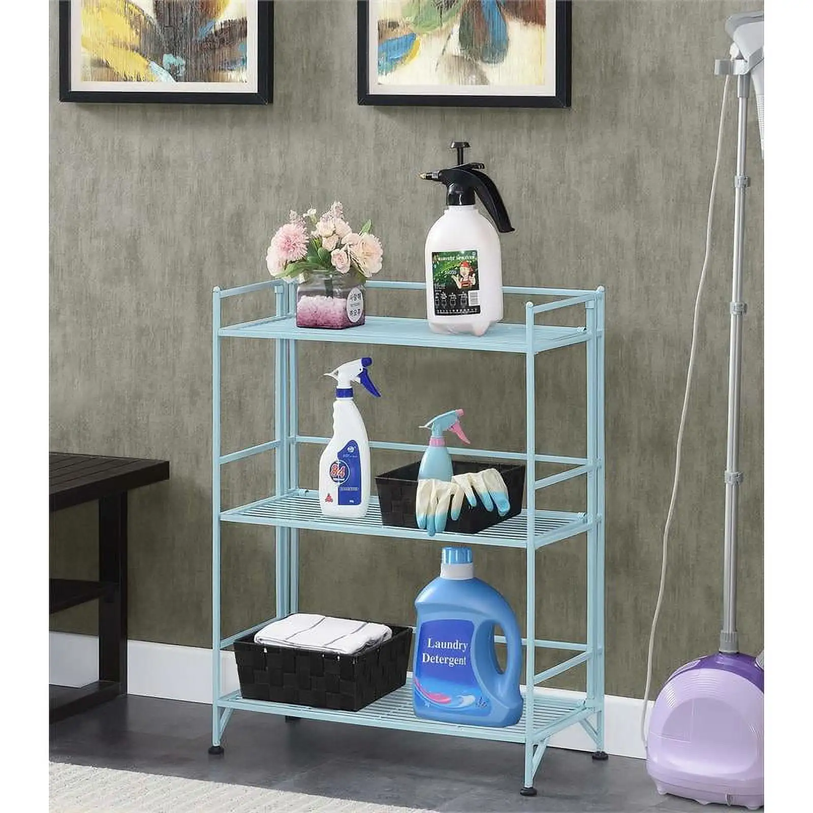 Pemberly Row Three-Tier Wide Folding Shelf in Green Metal